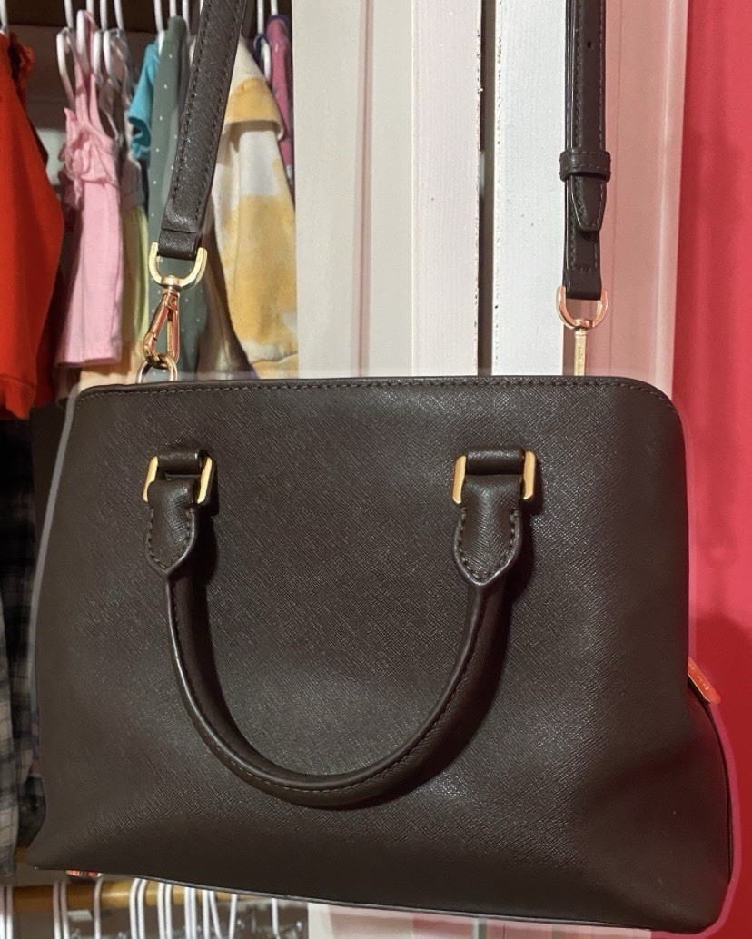 Michael Kors Brown Saffiano Satchel Top Handle, Gold Hardware, Detachable Strap