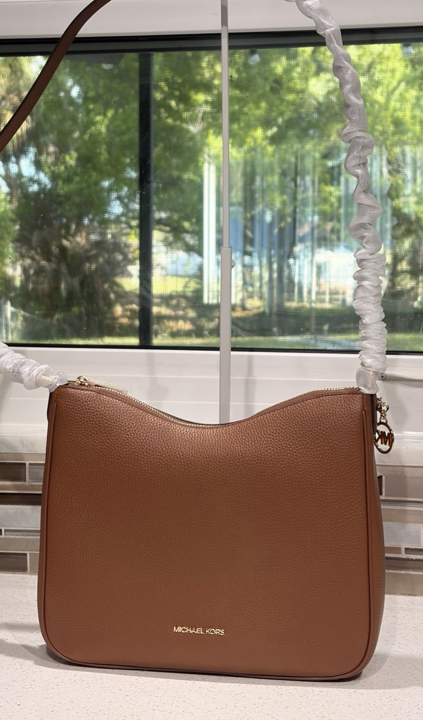 MICHAEL KORS NAYLA MEDIUM ZIP MESSENGER CROSSBODY BAG TOTE PURSE MK BROWN GOLD