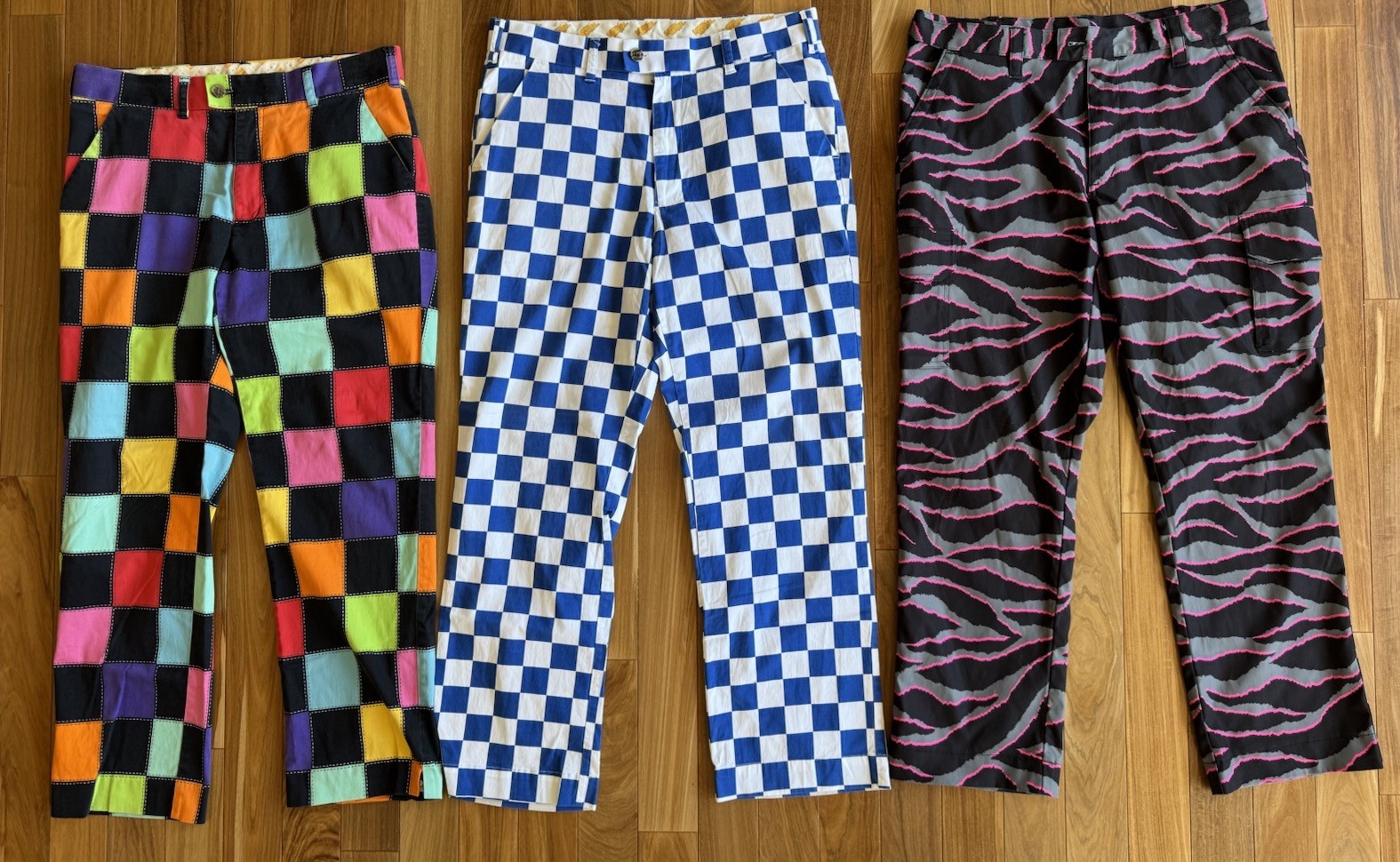Loudmouth Men’s Golf Pants Sz 34 LOT Of 3 Pink Tiger & Rainbow& Blue Checkered