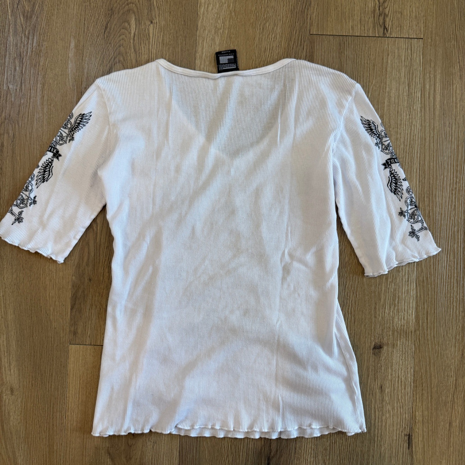 Freedom USA Womens XL White Ribbed Rhinestone Winged Cross Graphic Top Y2K Goth