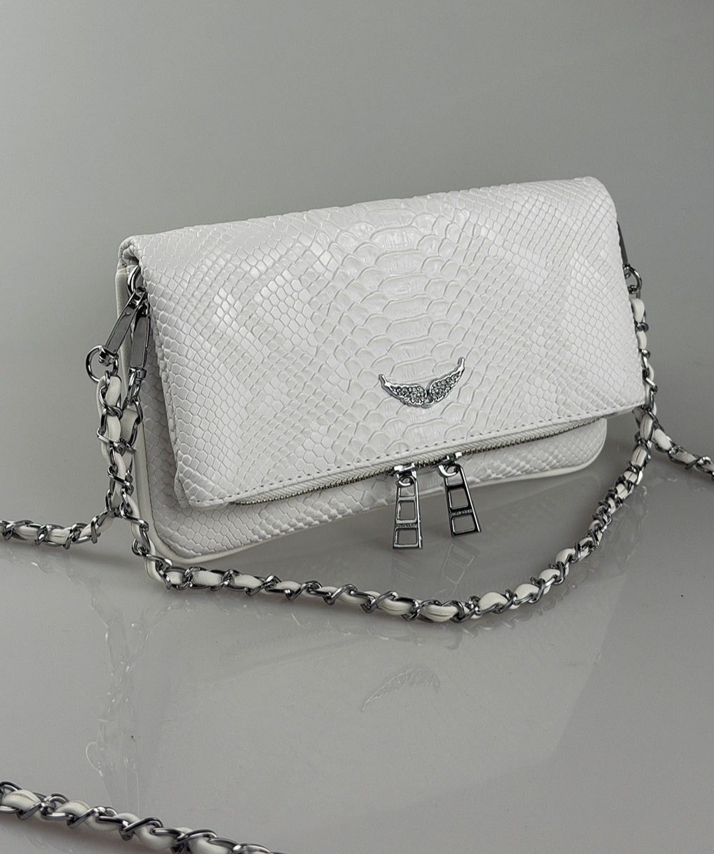 Zadig & Voltaire Rock Wing White Snake Embossed Leather Crossbody Bag 22x15cm