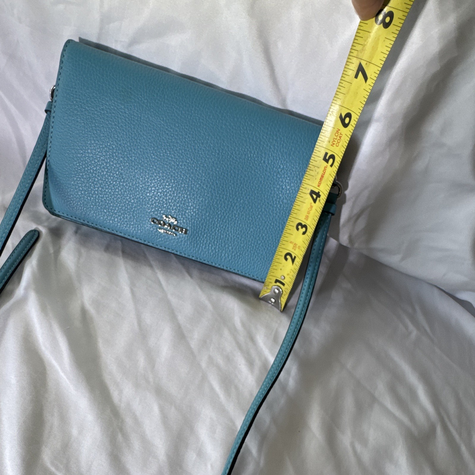 Coach Blue Pebbled Crossbody Bag, Zip, Silver Hardware, Pockets, Strap