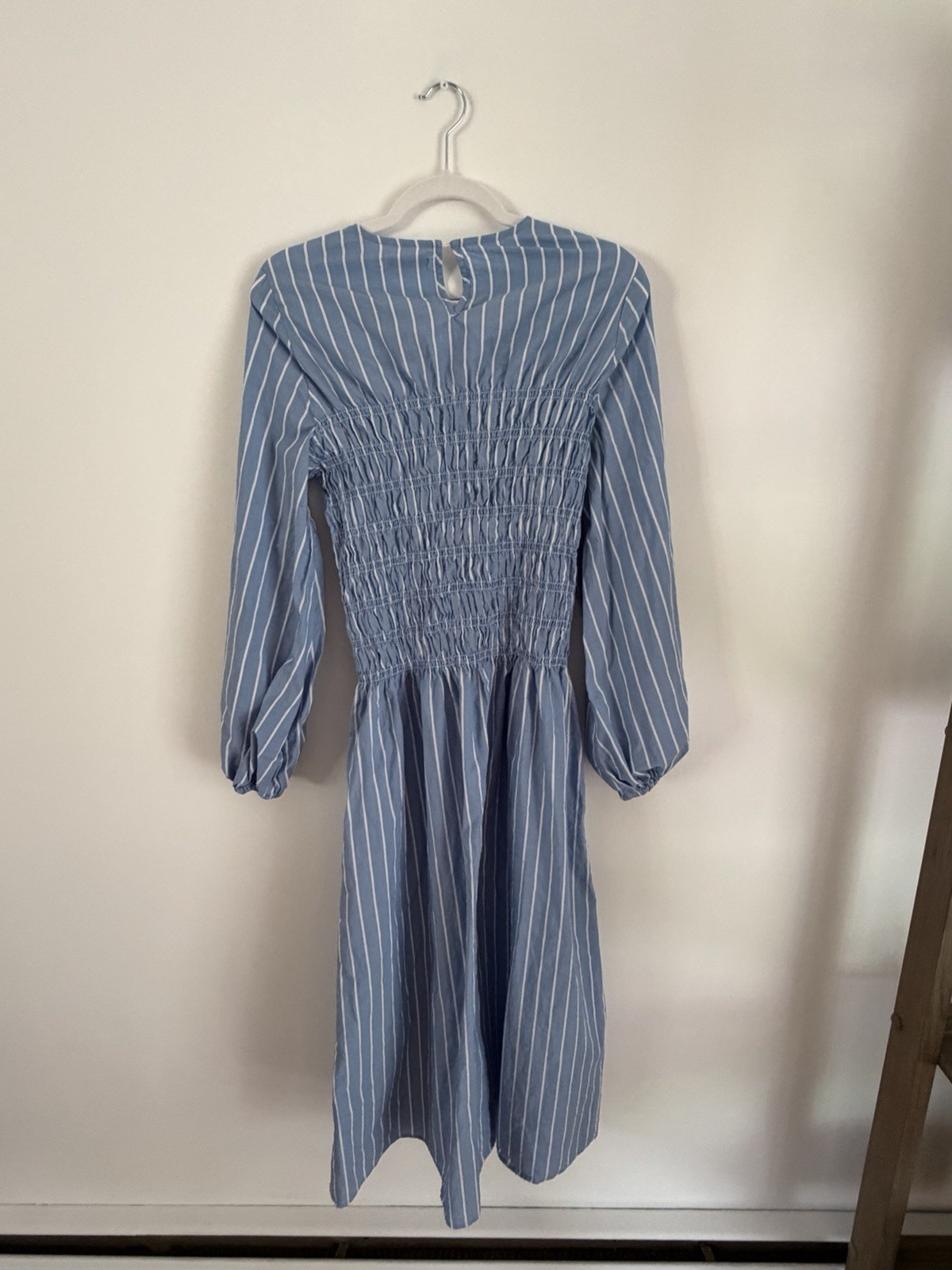 NA-KD x Rita Montezuma Cotton Smocked Detail Midi Dress in Blue Stripe