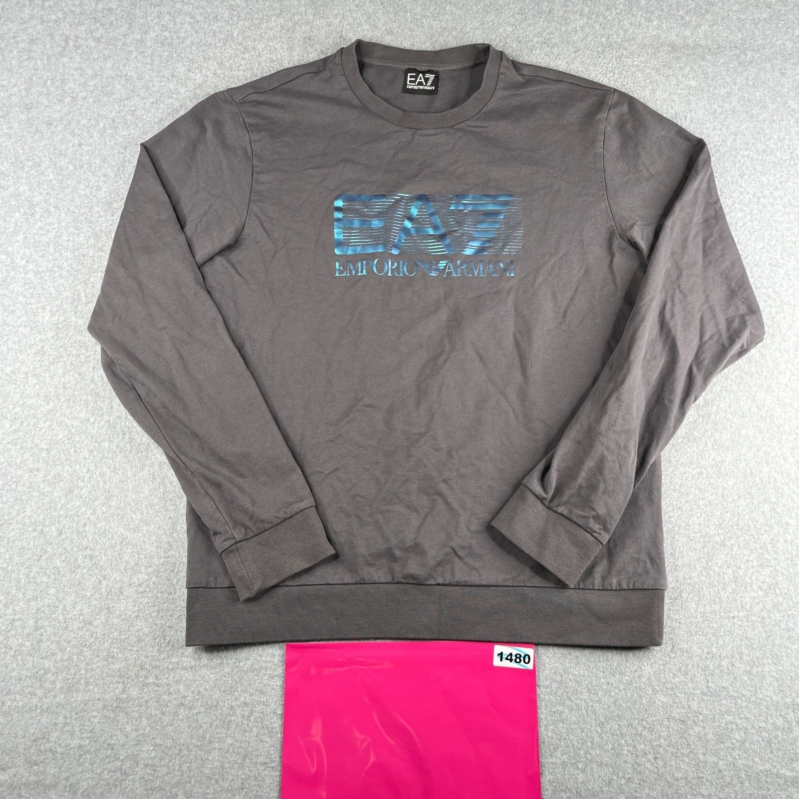 Emporio Armani EA7 Sweatshirt Large Gray Crew Neck Graphic Priont Long Sleeve