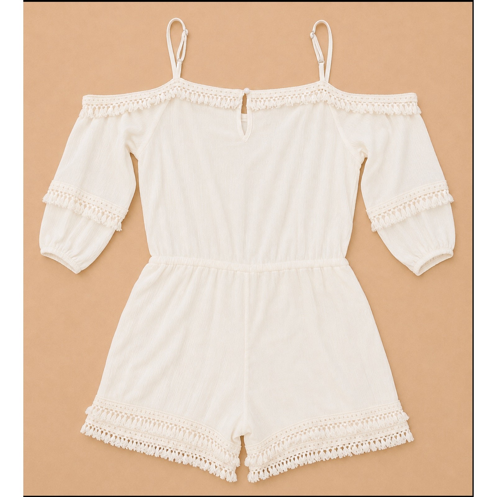 Davi & Dani White Off Shoulder Boho Romper Tassel Fringe Crochet Trim NWT M