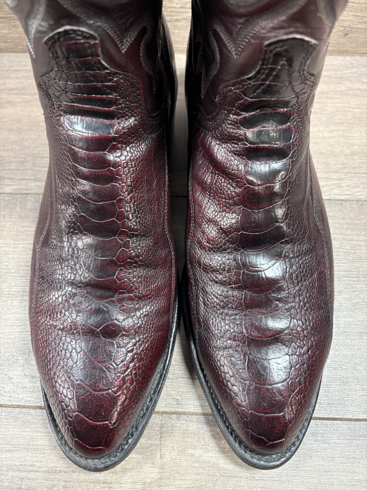 J Chisholm Genuine Ostrich Skin Cowboy Boots Burgundy Leather Mens Size 10.5 D