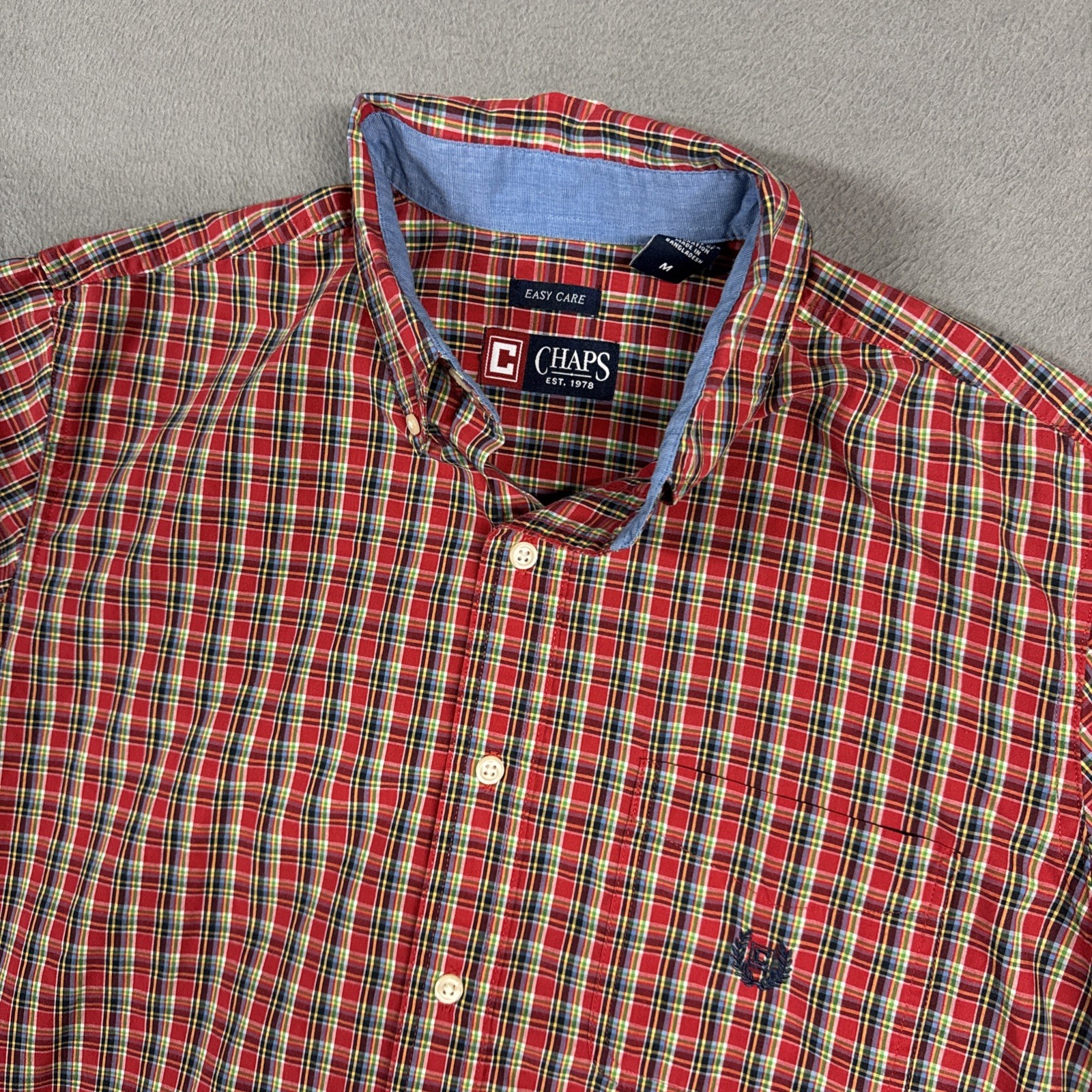 Chaps Easy Care Shirt Mens Medium Red Plaid Check Long Sleeve Button Down Crest
