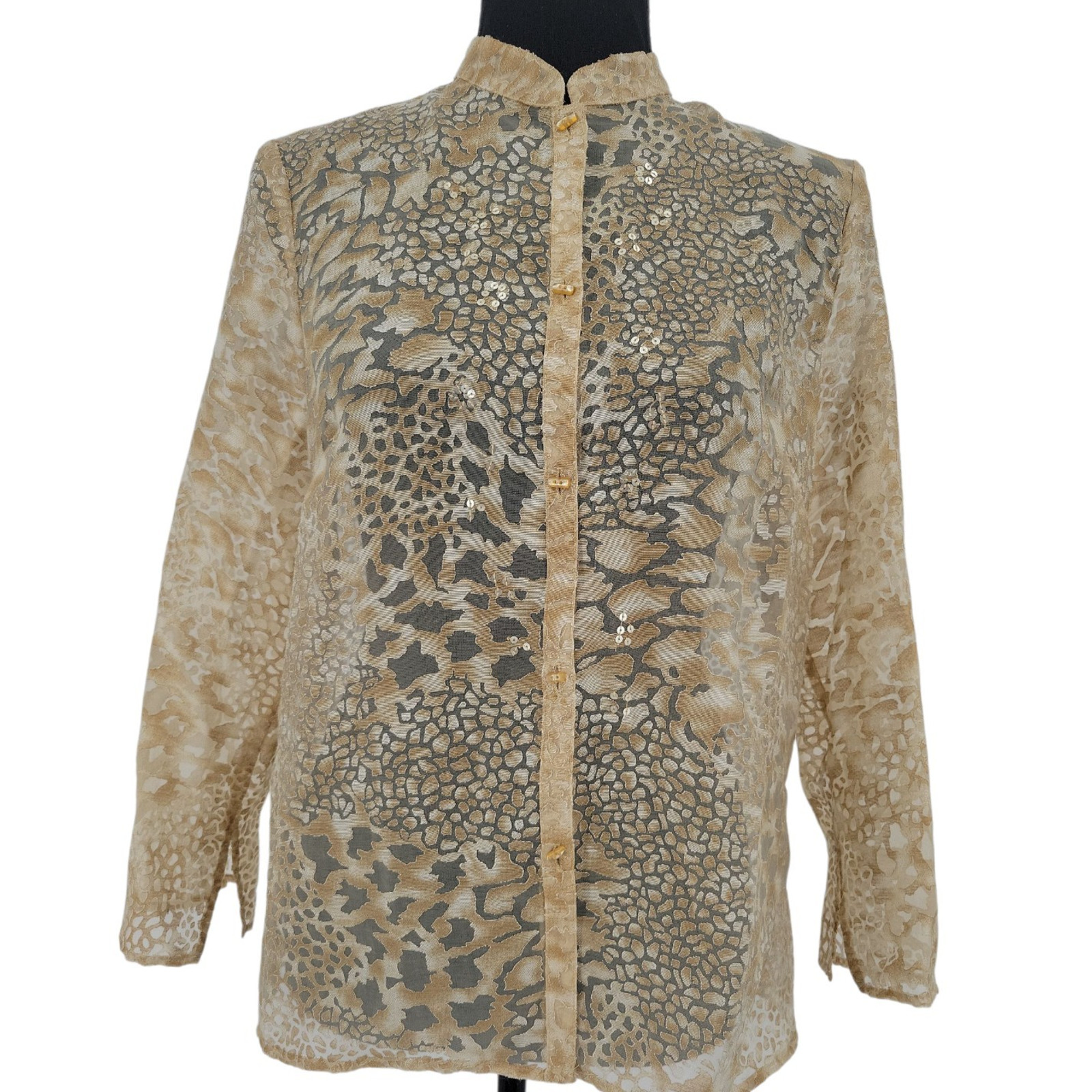 Sheer Gold Leopard Print Top Sequin Party Holiday Layering Indie Sleaze Size S