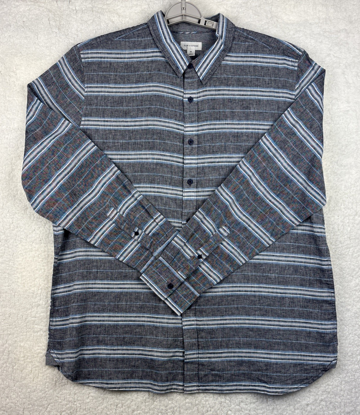 Sun + Stone Men’s 2XL Gray Blue Striped Long Sleeve Button Up Linen Shirt NEW
