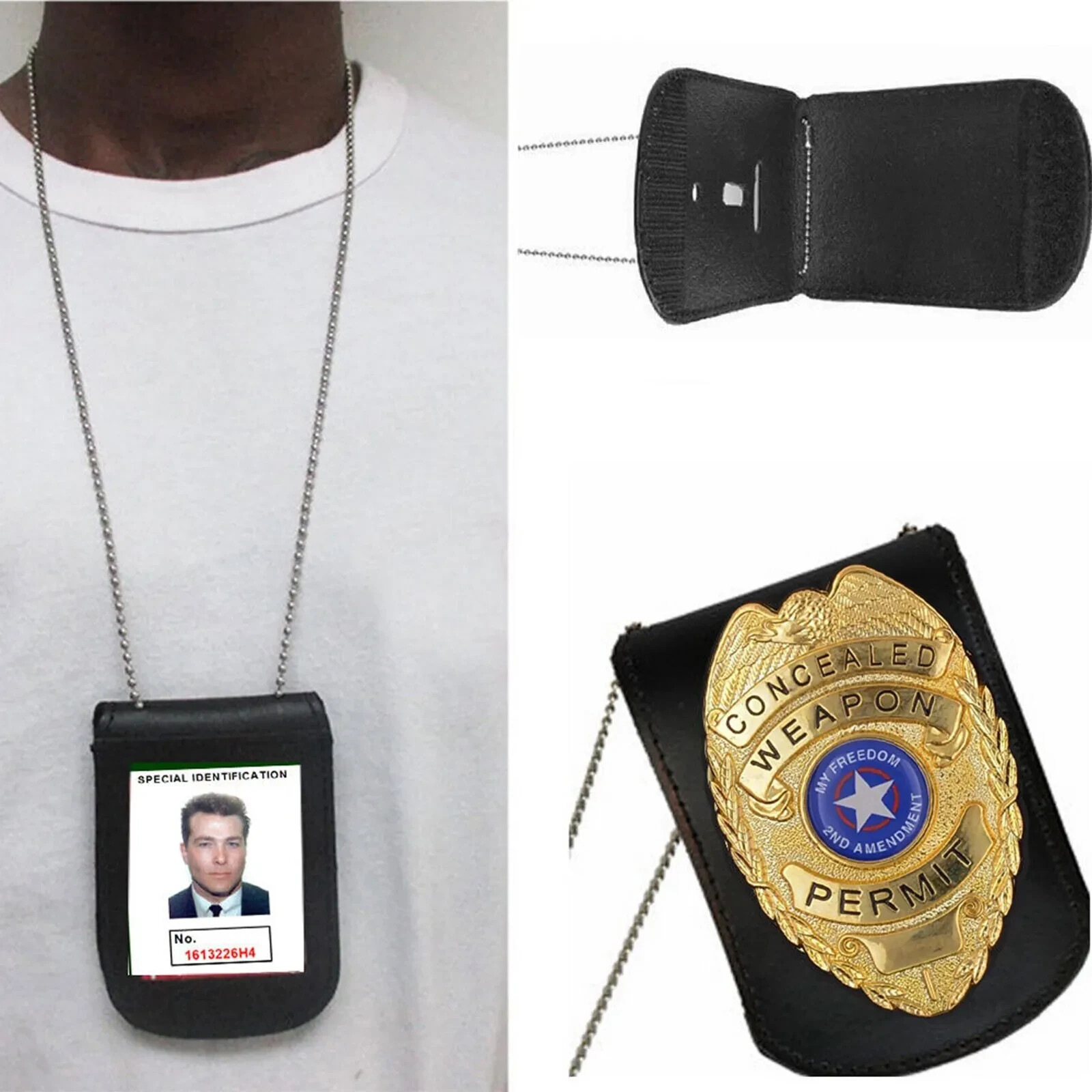 Genuine Leather Officer Lanyards & Badge ID Holders Black Unisex Security Weapon