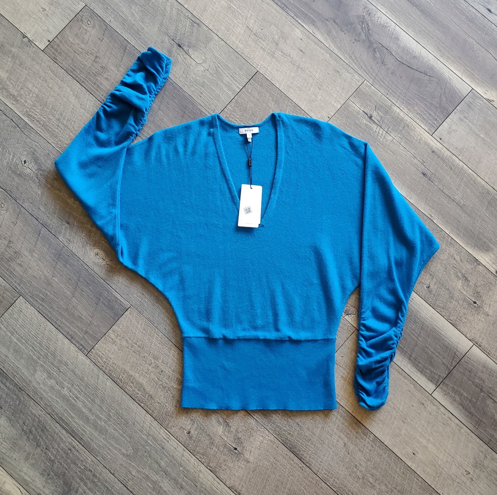 $146 Reiss Jolie Top M Deep V-Neck Jumper Cashmere Wool Ruched Sleeve U74-829