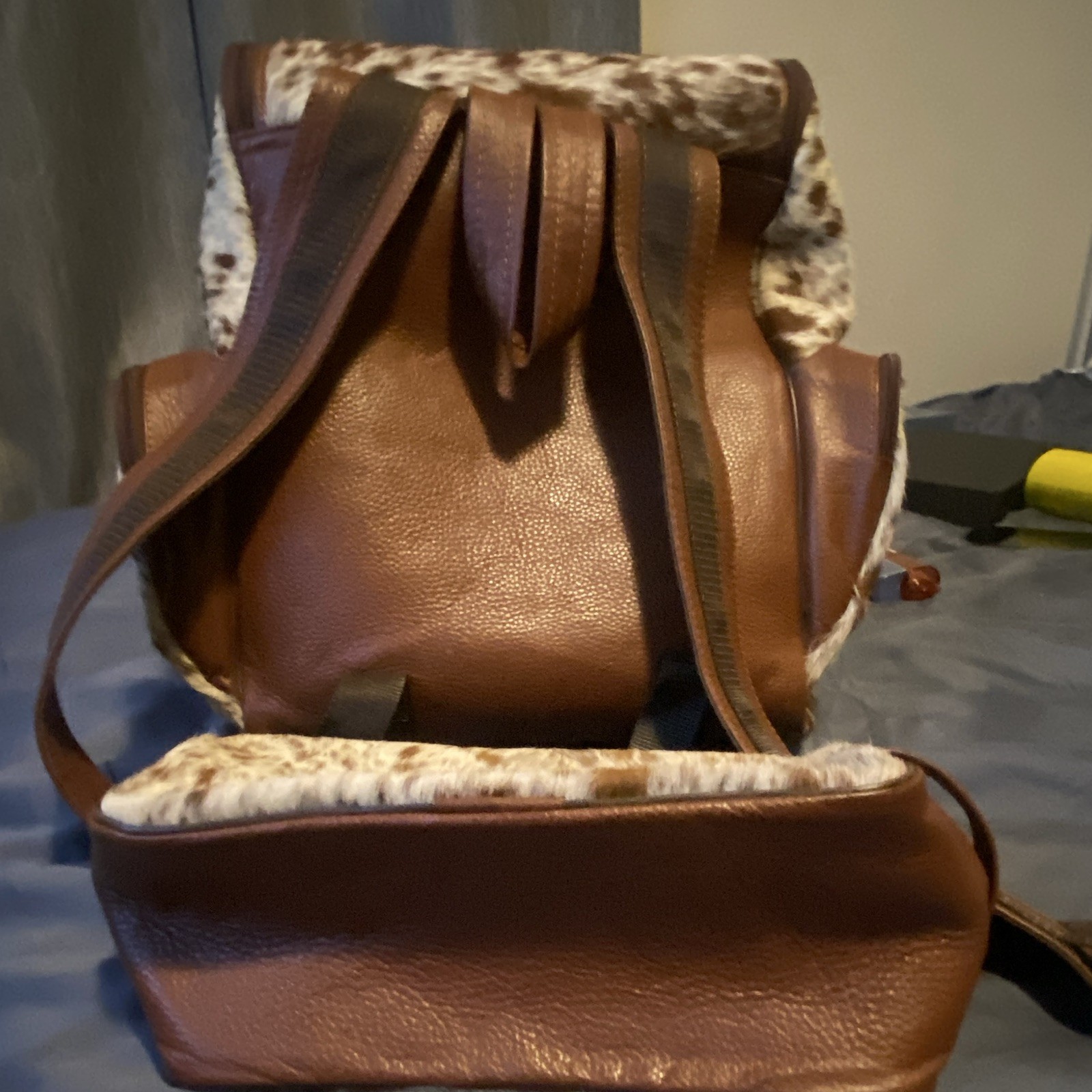 Real Cow hide Backpack Brown/White Zip, Adjustable Strap, Inner/Outer Pockets