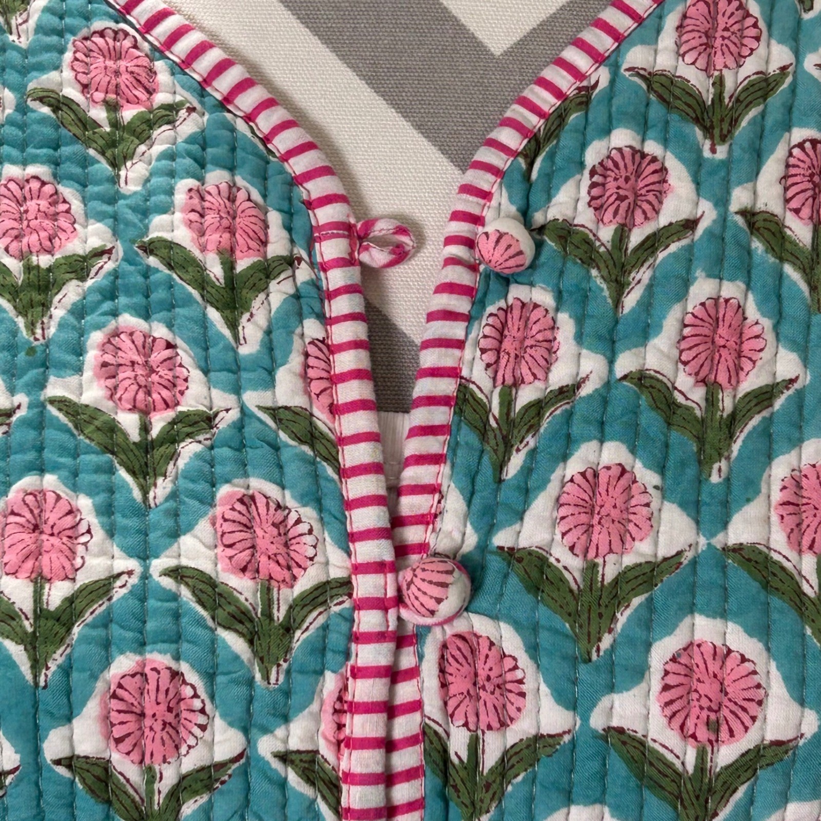 Block Print Quilted Jacket Turquoise Pink Floral Reversible Button Front Medium