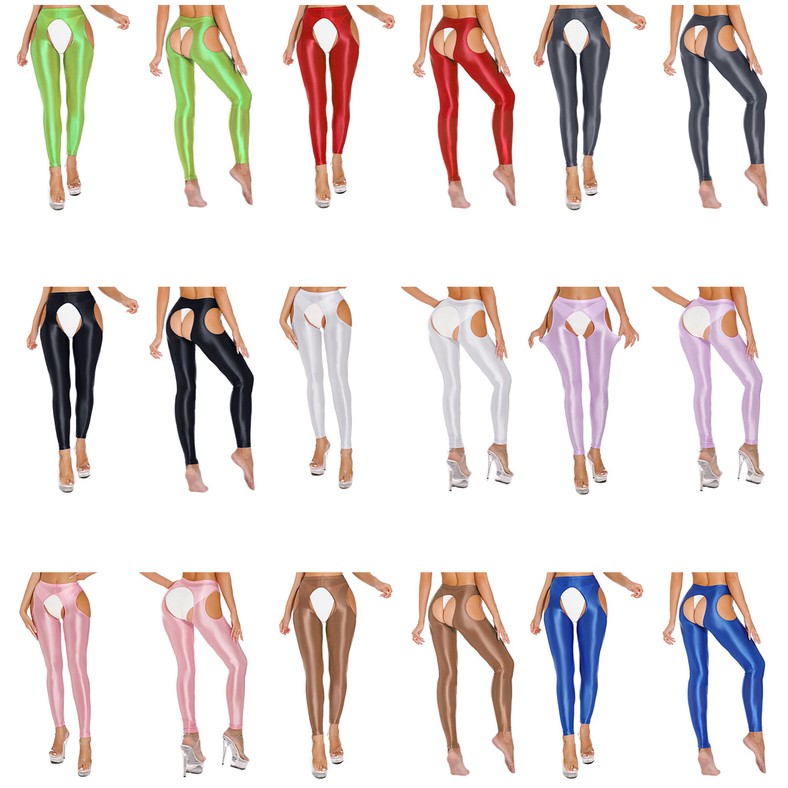 US Womens Glossy Crotchless Tights Pants Stretchy Elastic Fitness Yoga Trousers