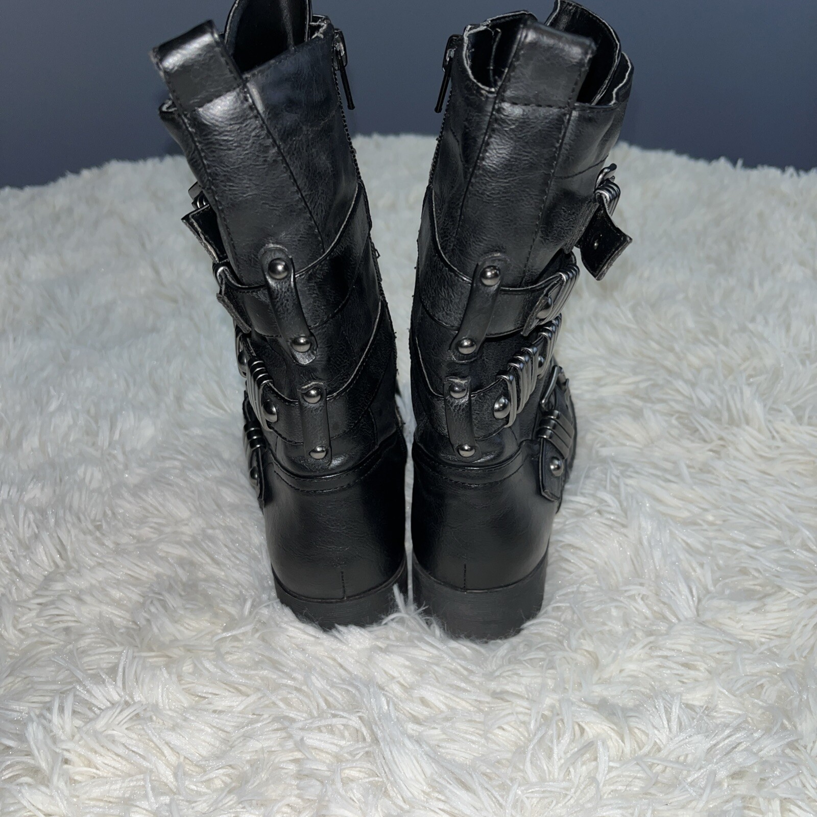 G By Guess Moto Grunge Combat Full-Zip Boot Buckles Black Metal Embellished Sz6m
