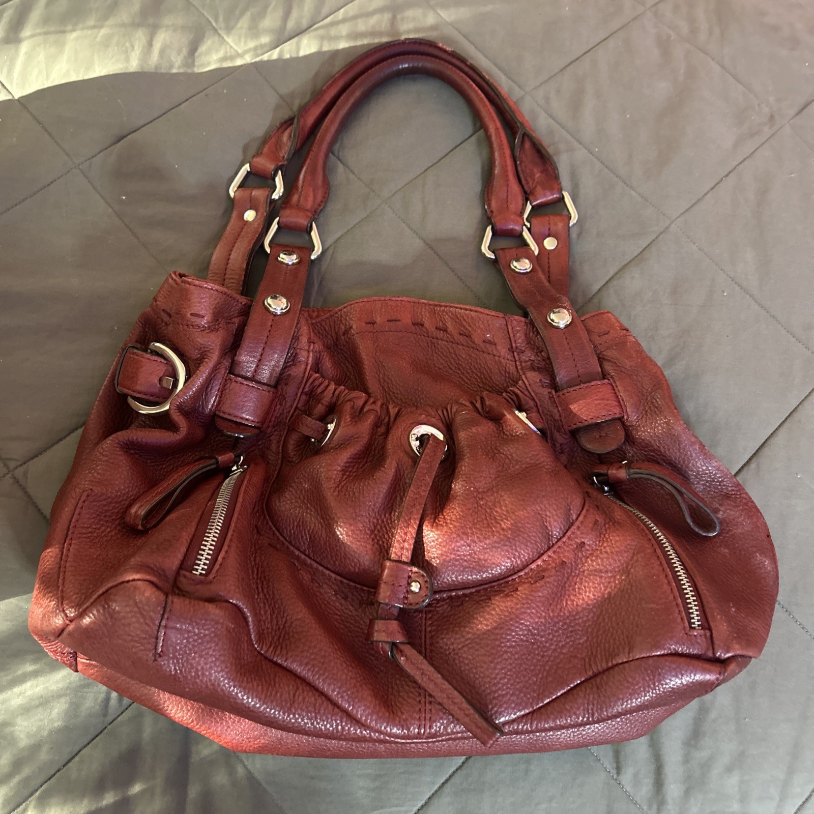 B. Makowsky Burgundy Genuine Leather Large Satchel Shoulder Bag Leopard Lining