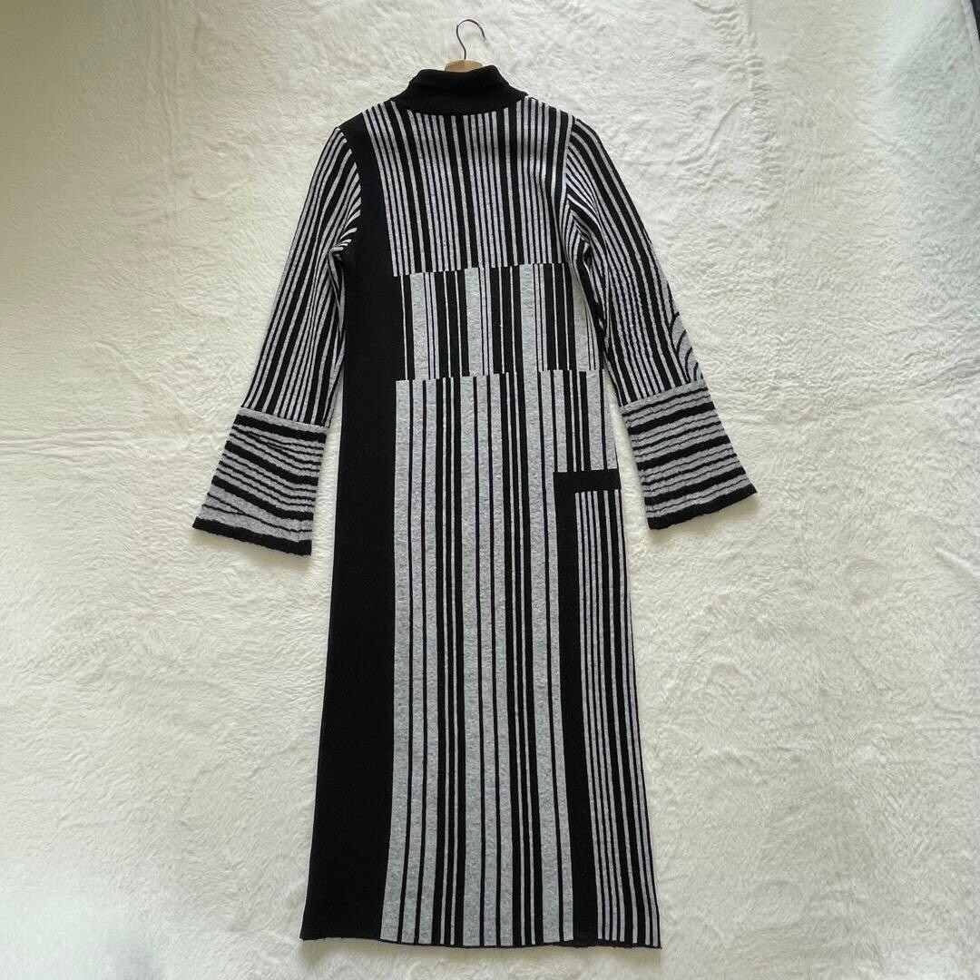 Mame Kurogouchi Multi Stripe Jacquard Knit Dress High Neck Black White Auth