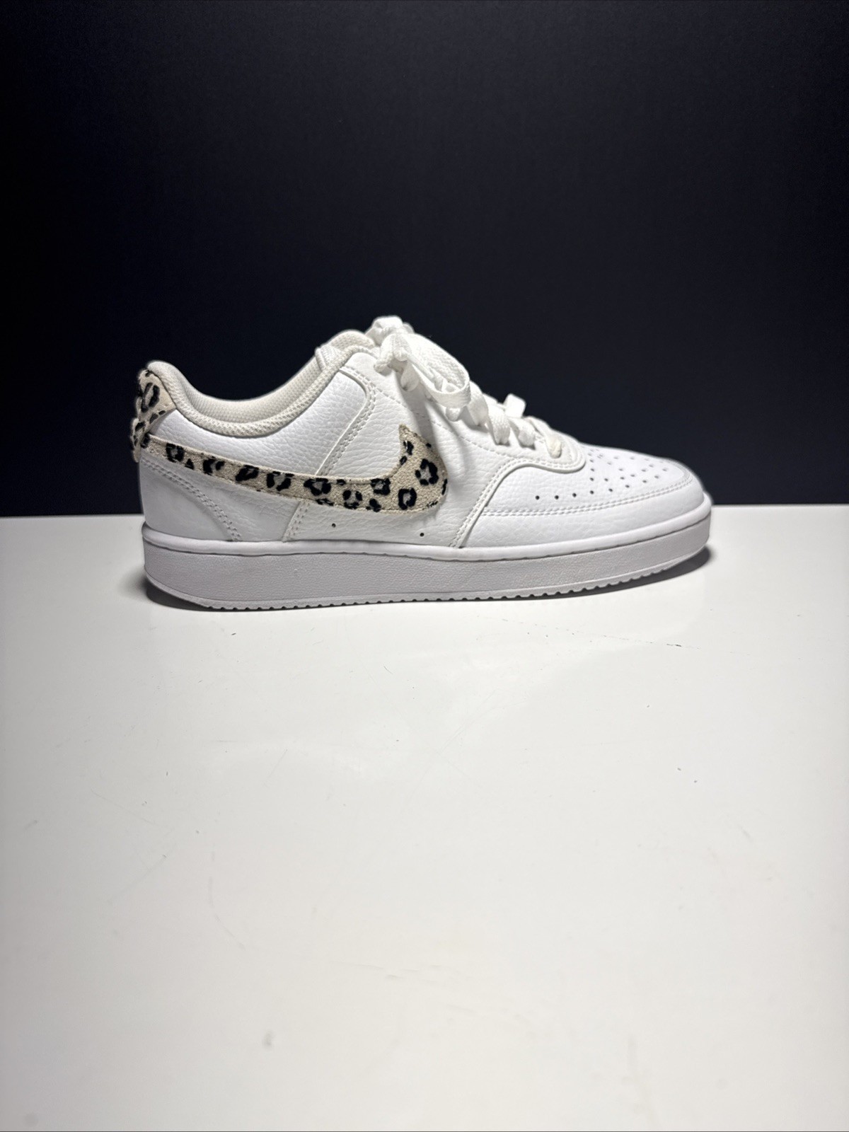 Size 7.5- Nike Court Vision Low Leopard Swoosh – White