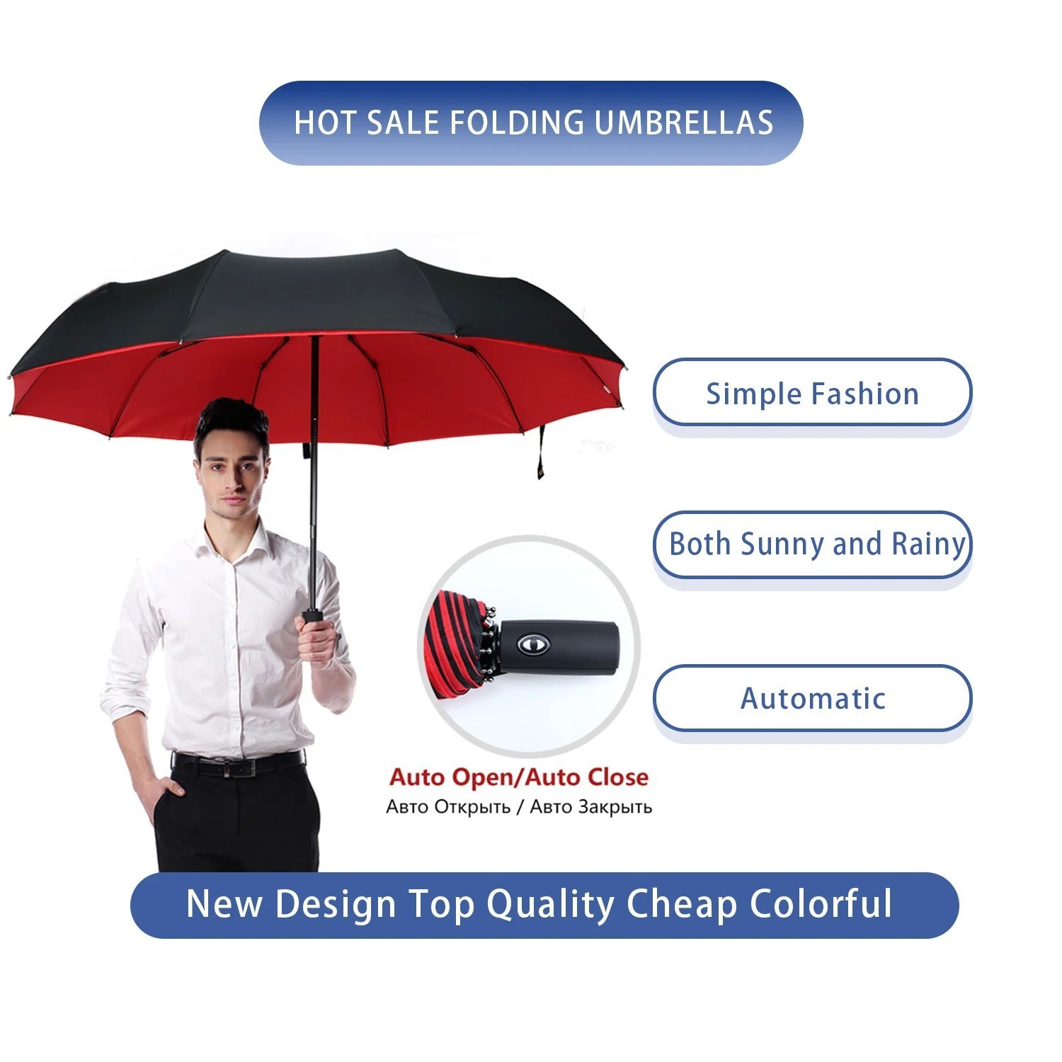 Strong Windproof Stick Compact Umbrella for Rain, One-Click Automatic Open and C