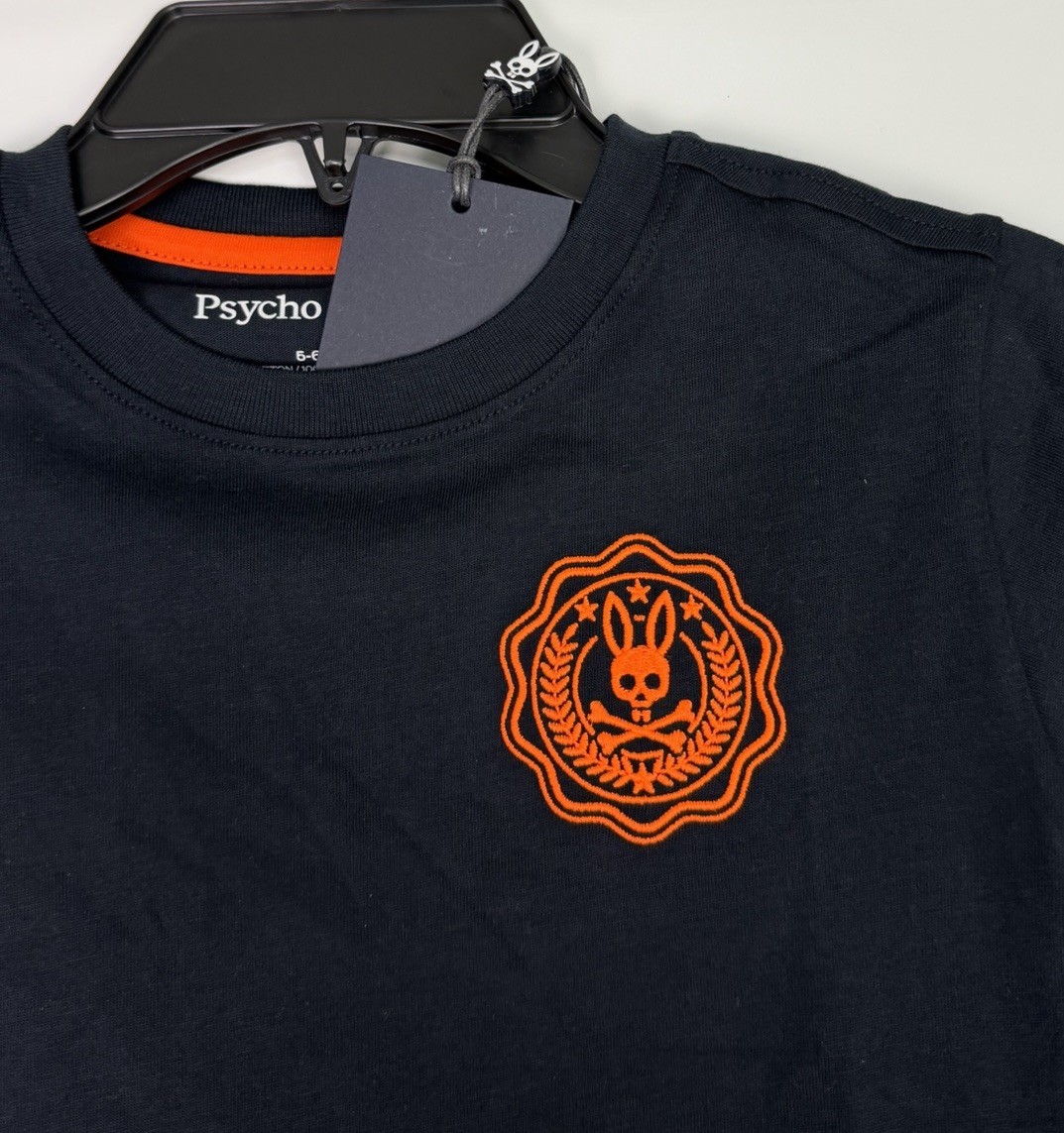 Psycho Bunny Kids London Embroidered Tee Shirt Navy Orange Sz XS 5-6 NEW