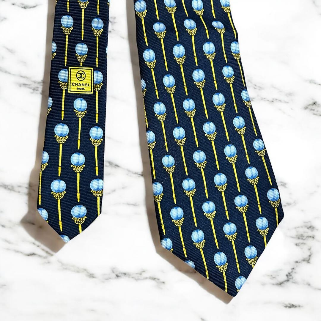 CHANEL Logo 100% silk COCO Tie Men Navy Yellow Genuine Excellent condition
