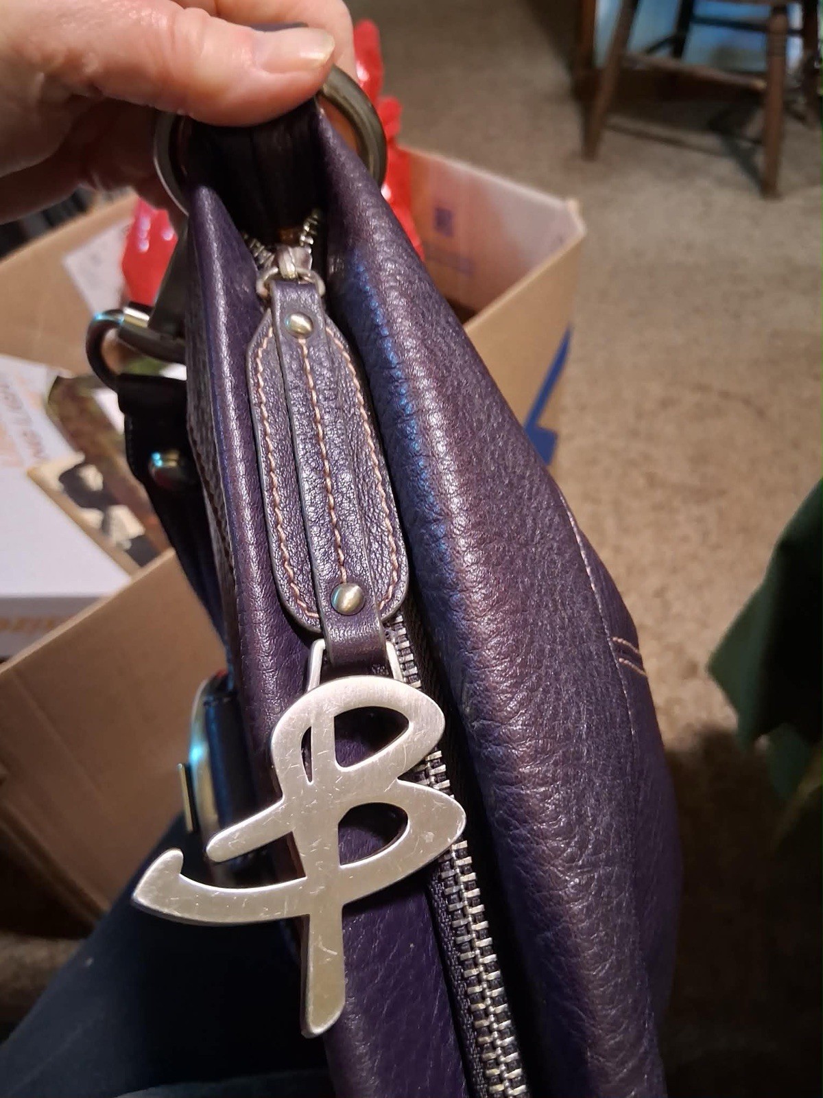 B. Makowsky Purple Soft Pebbled Leather Crossbody Animal Lining w Charm Silver