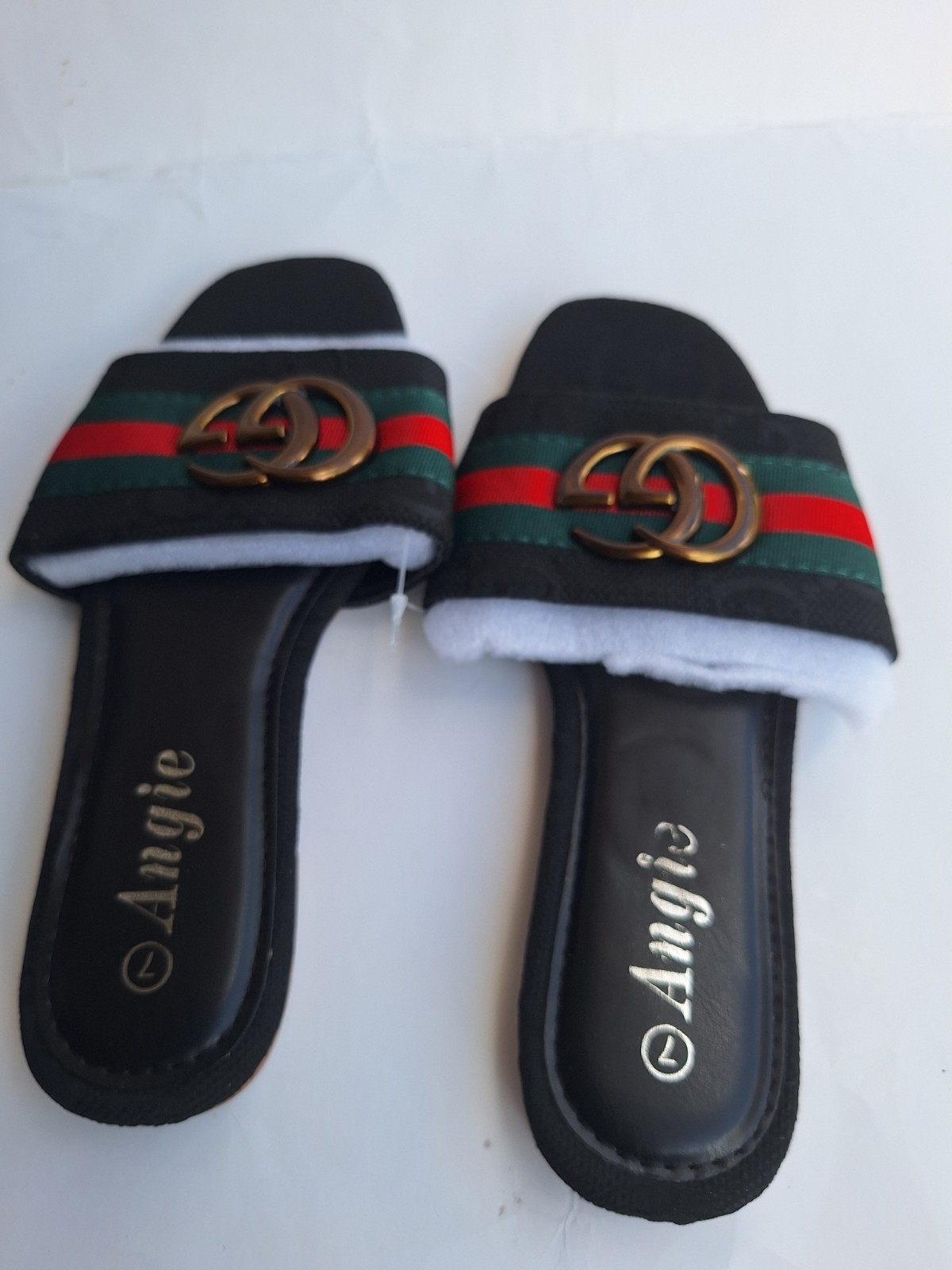 Angie Women’s Slide Sandals Black Red/Green Stripe Logo Rubber Slip On 7