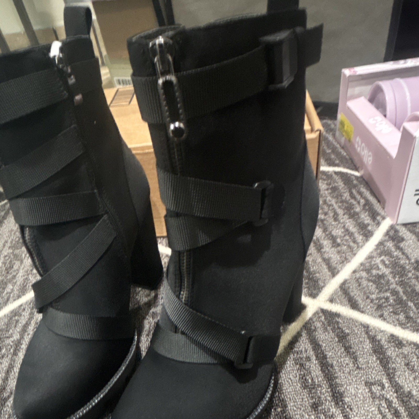 Women’s Black Ankle Booties Straps Zip Closure Round Toe Synthetic Rubber Sole