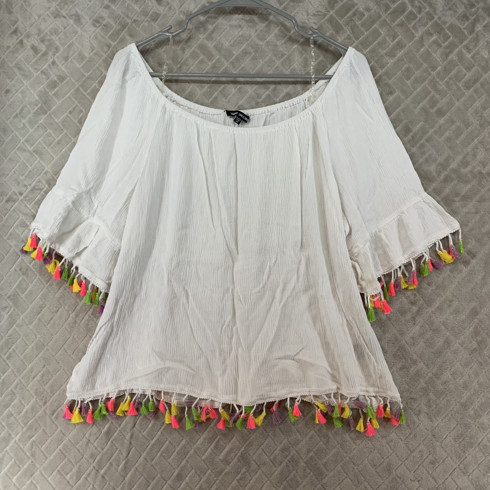 Unique Spectrum Blouse Womens 2X White Gauze Rainbow Tassels Boho Festival Beach