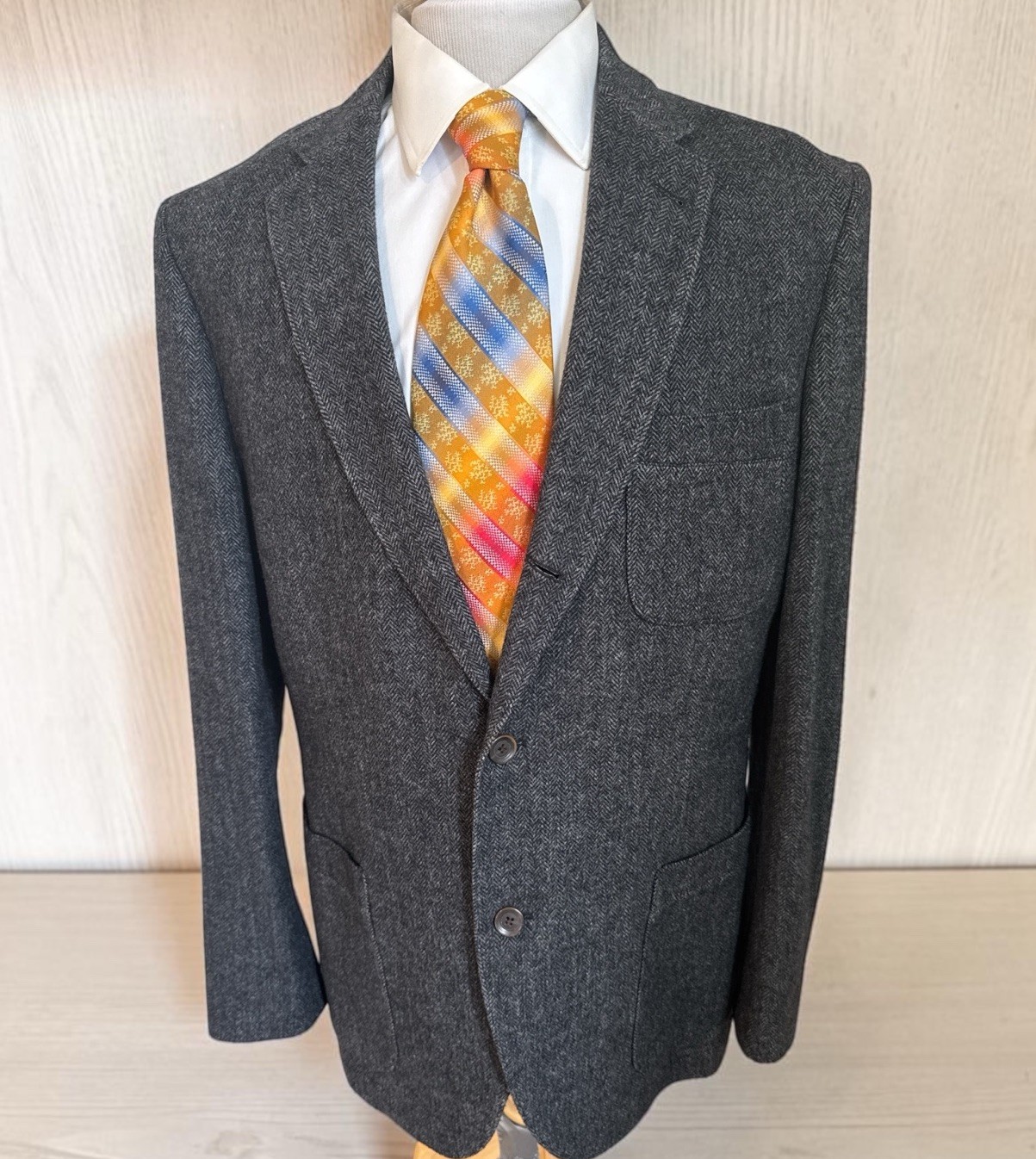 Kroon Sport Coat 42L Tweed Flannel Wool Bamboo Gray Herringbone Elbow Pad Jacket