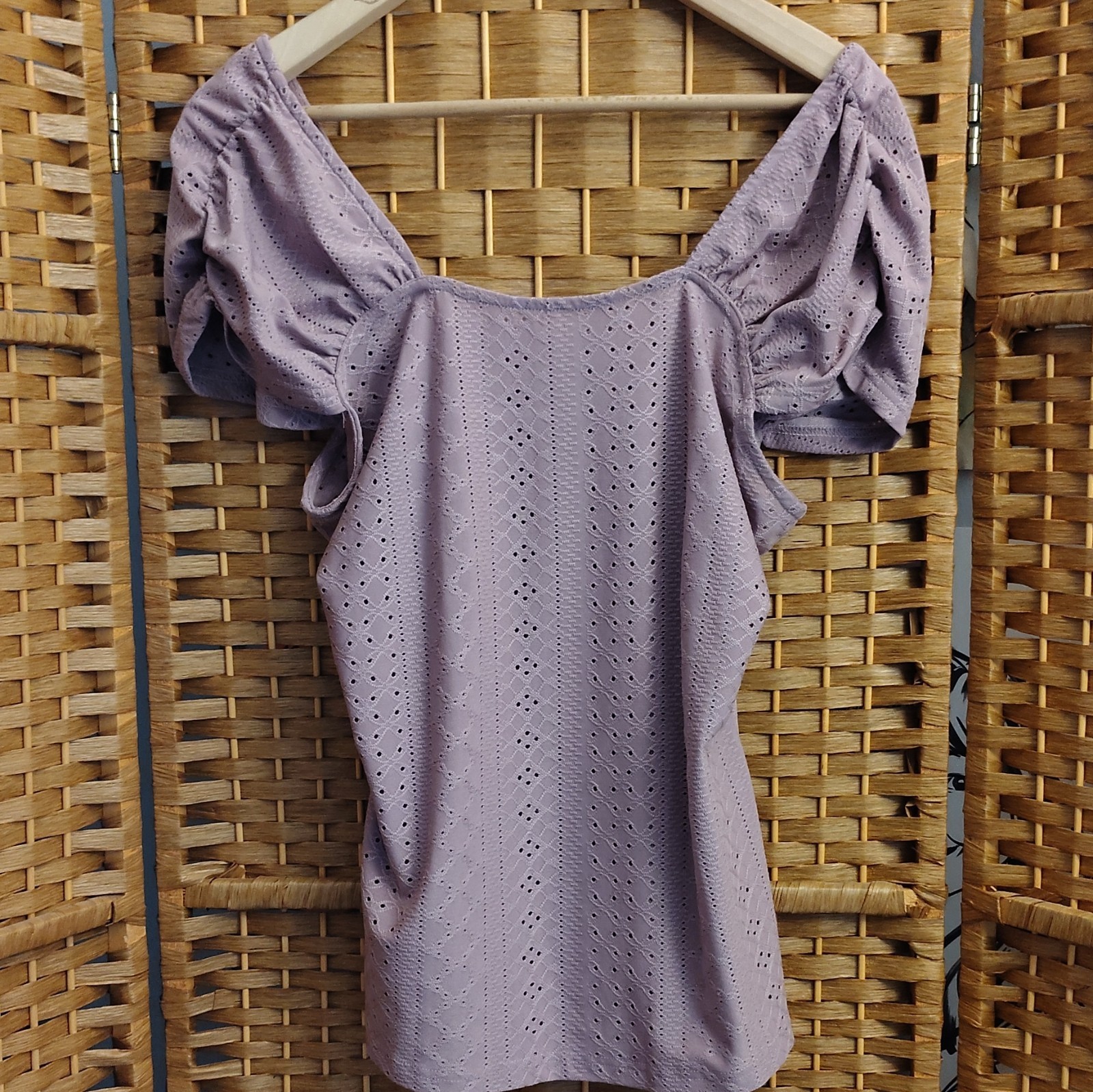 Women’s Dusty Pink Lace Eyelet Square Neck Puff Short Sleeve Tie Blouse Size L