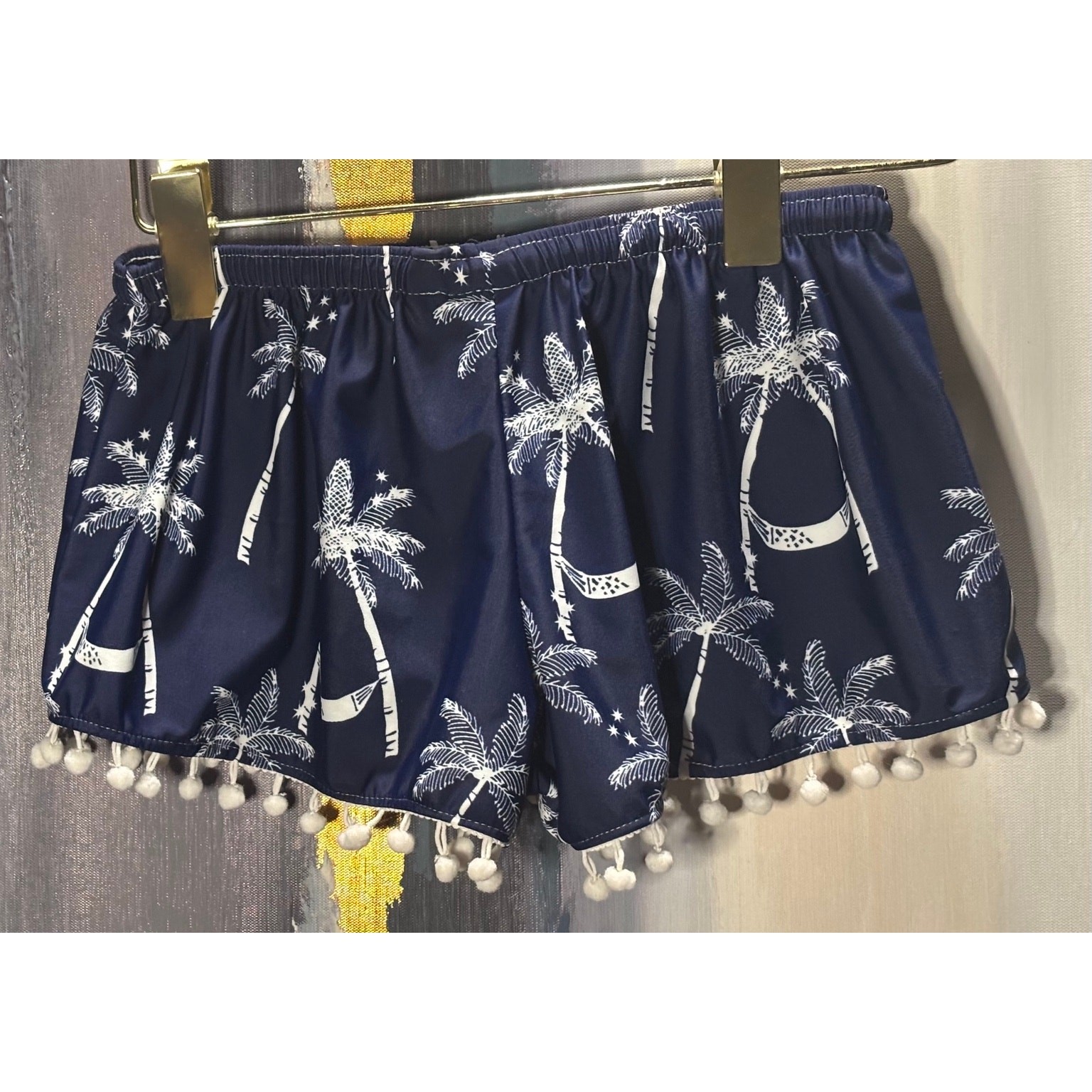 Snapper Rock Girls Swim Shorts Palm Tree Pom Pom Beach Resort UPF 50+ Navy
