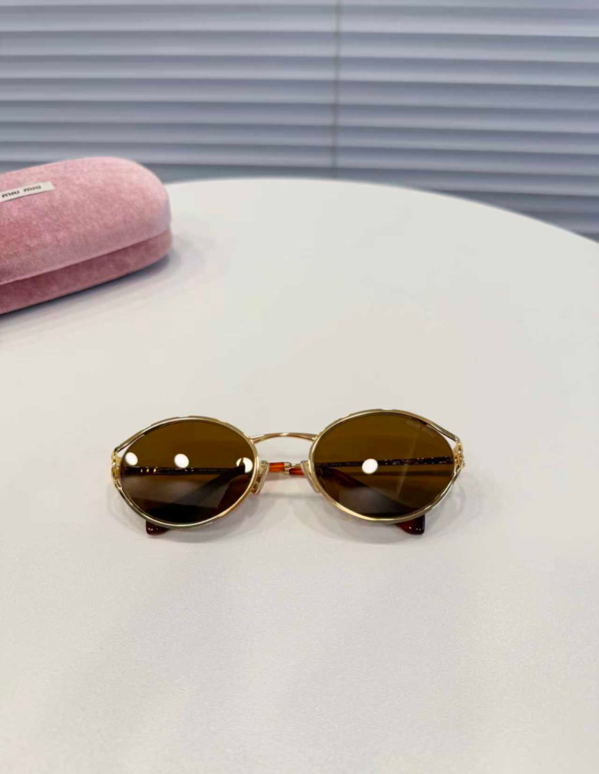 Miu Miu SMU 52YS Brass Gold/Dark Brown Logo Sunglasses 54-21-125mm New