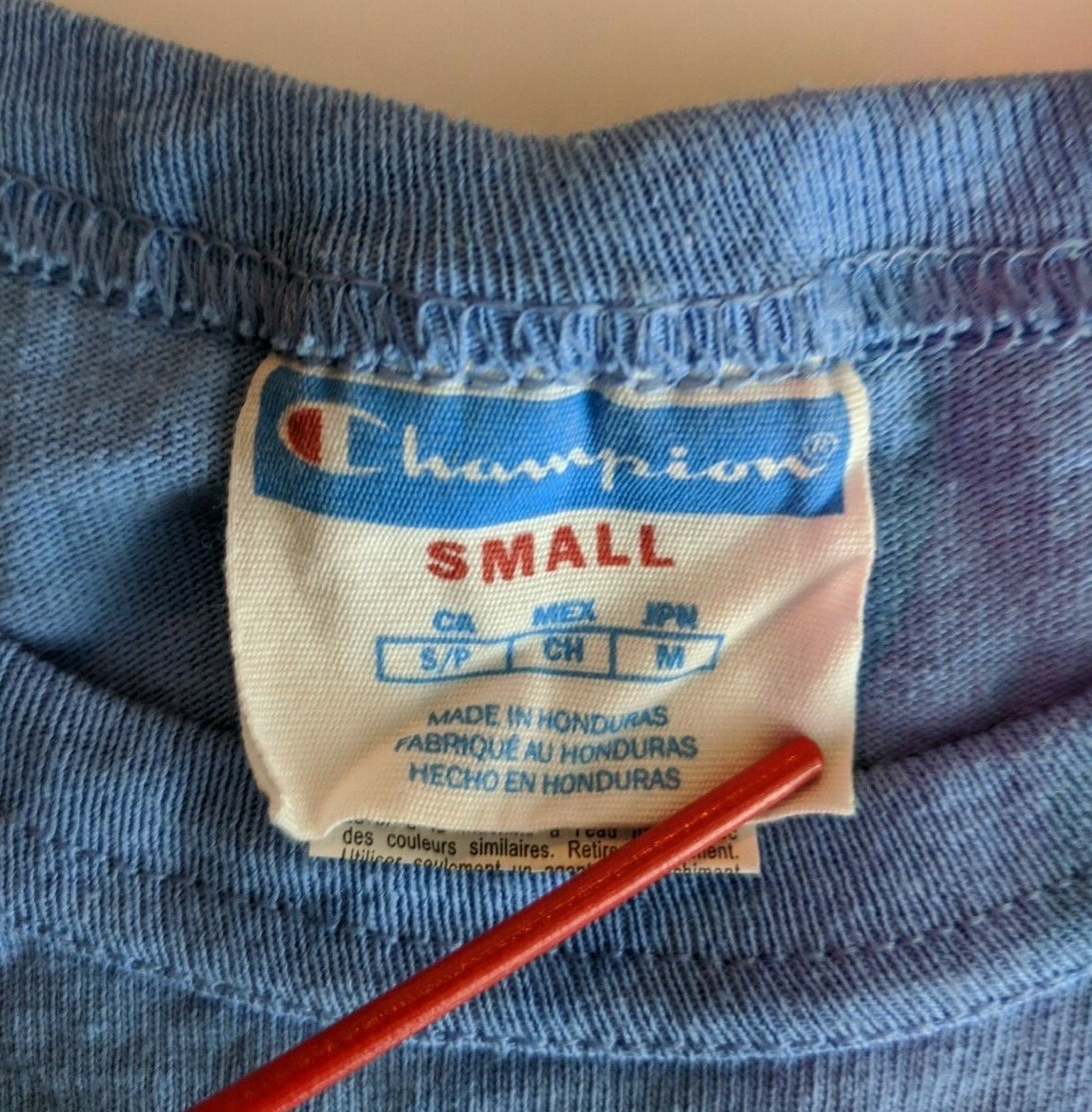 Vintage Champion Size S Blank T Shirt Blue Bar Mounted Collar Cotton GT19 YVC