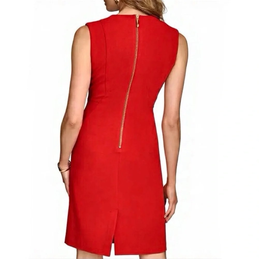 Donna Karan Women Dress Size 10 Red Sleeveless Jewel Neck Sheath Gold Back Zip