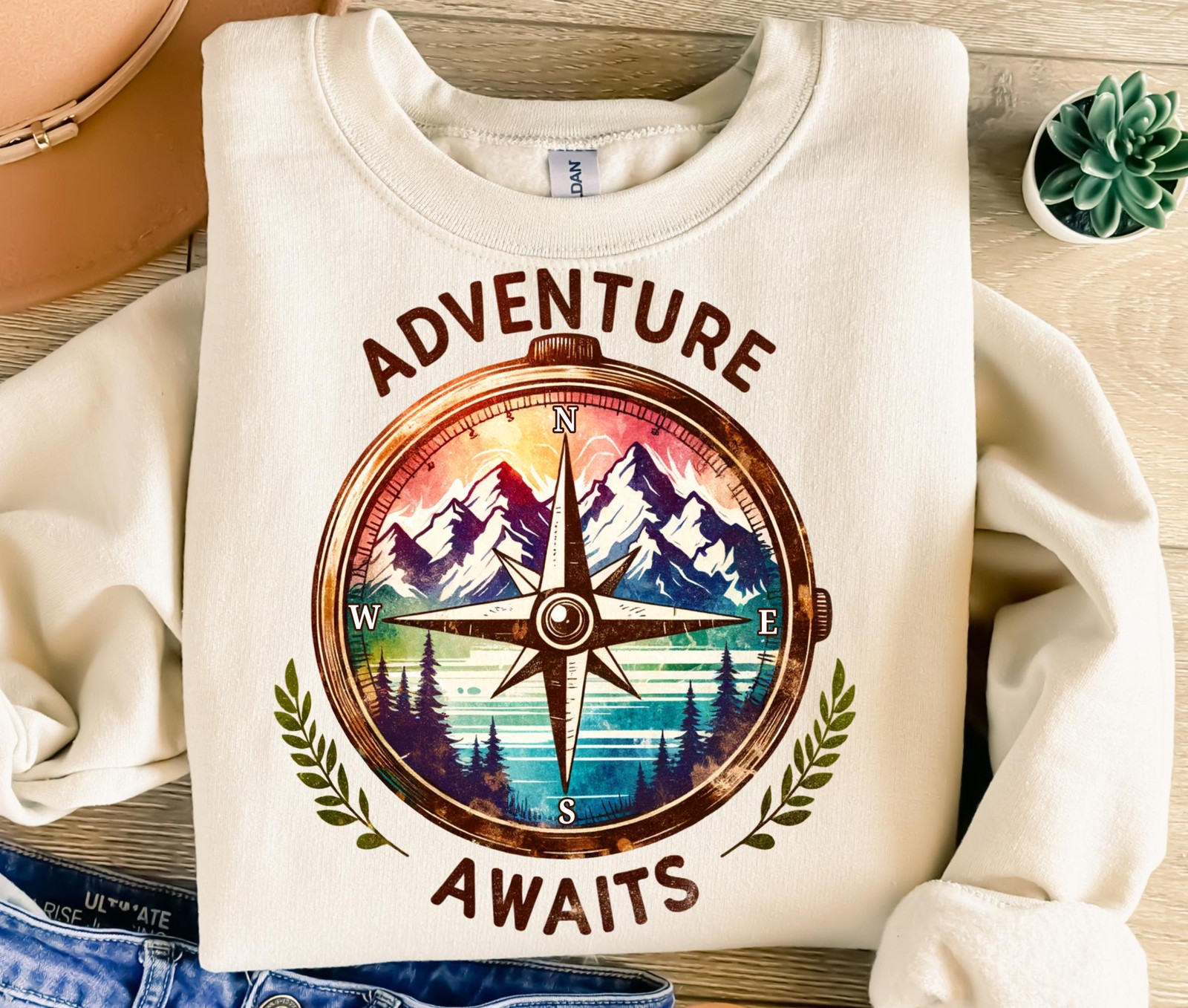 Adventure Awaits Compass T-Shirt Scenic Nature Hiking Tee Campers Outdoor Lovers