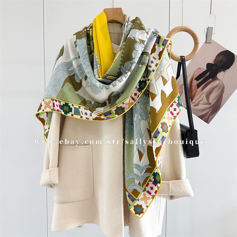 Sallys 70% Cashmere & 30% Silk Wrap Scarf Castles Print 2 Face Shawl 53″ Green