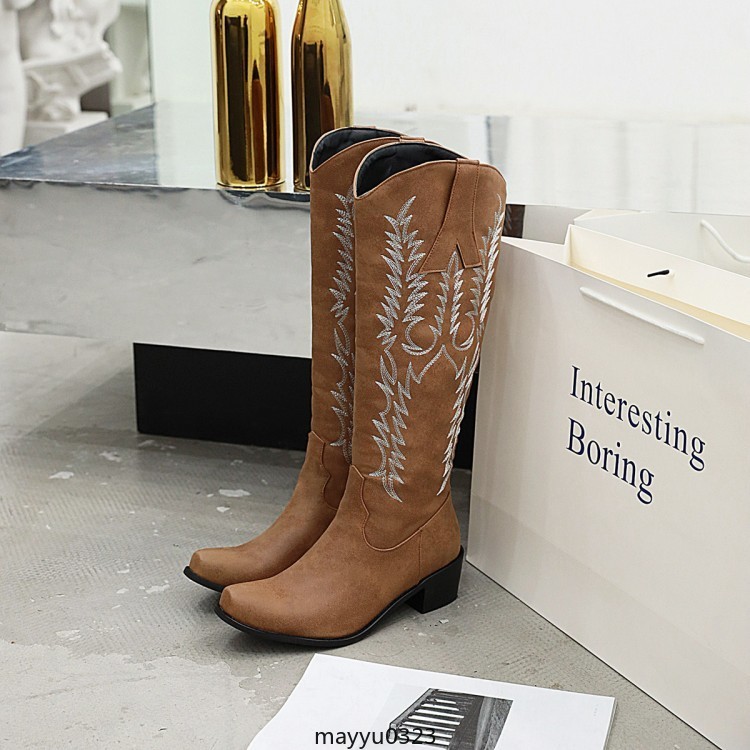 Womens Embossed Zip Mid Block Heel Cowgirl Mid Calf Knee High Boots Western PLus