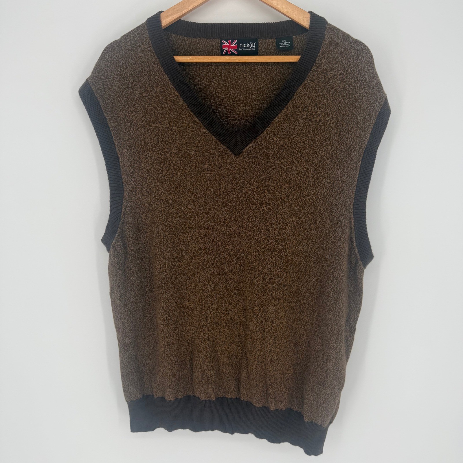 Nick(it) Vintage Mens XXL Brown Marled V-Neck Cotton Sweater Vest Pullover EUC