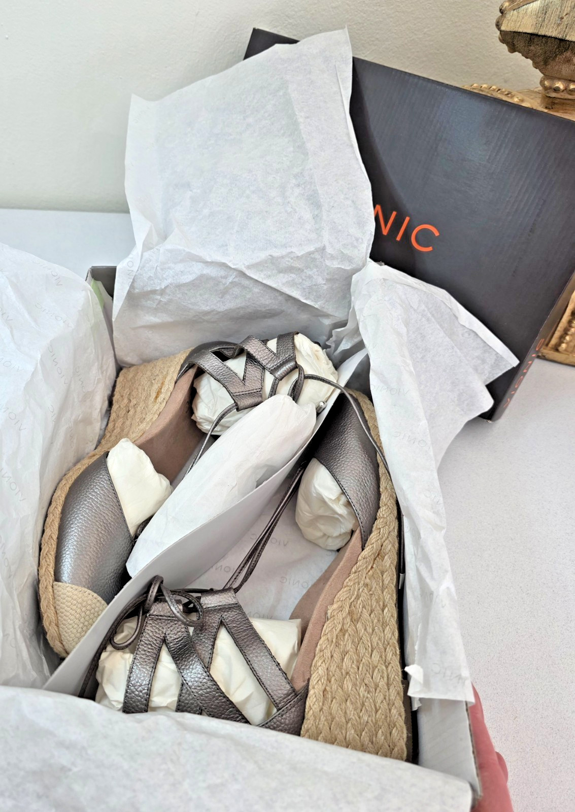 VIONIC Aruba Calypso Orthotic Lace Up Espadrilles Wedge Pewter Size 9 NEW IN BOX