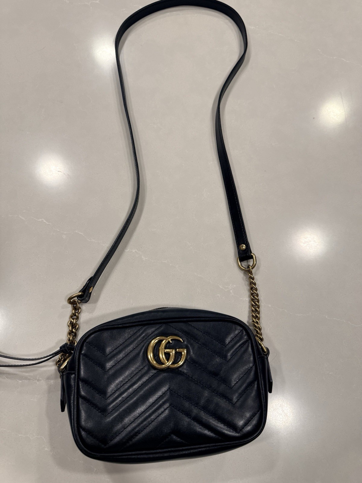 Gucci GG Marmont Mini Camera Bag Black Quilted Zip Crossbody Chain Strap