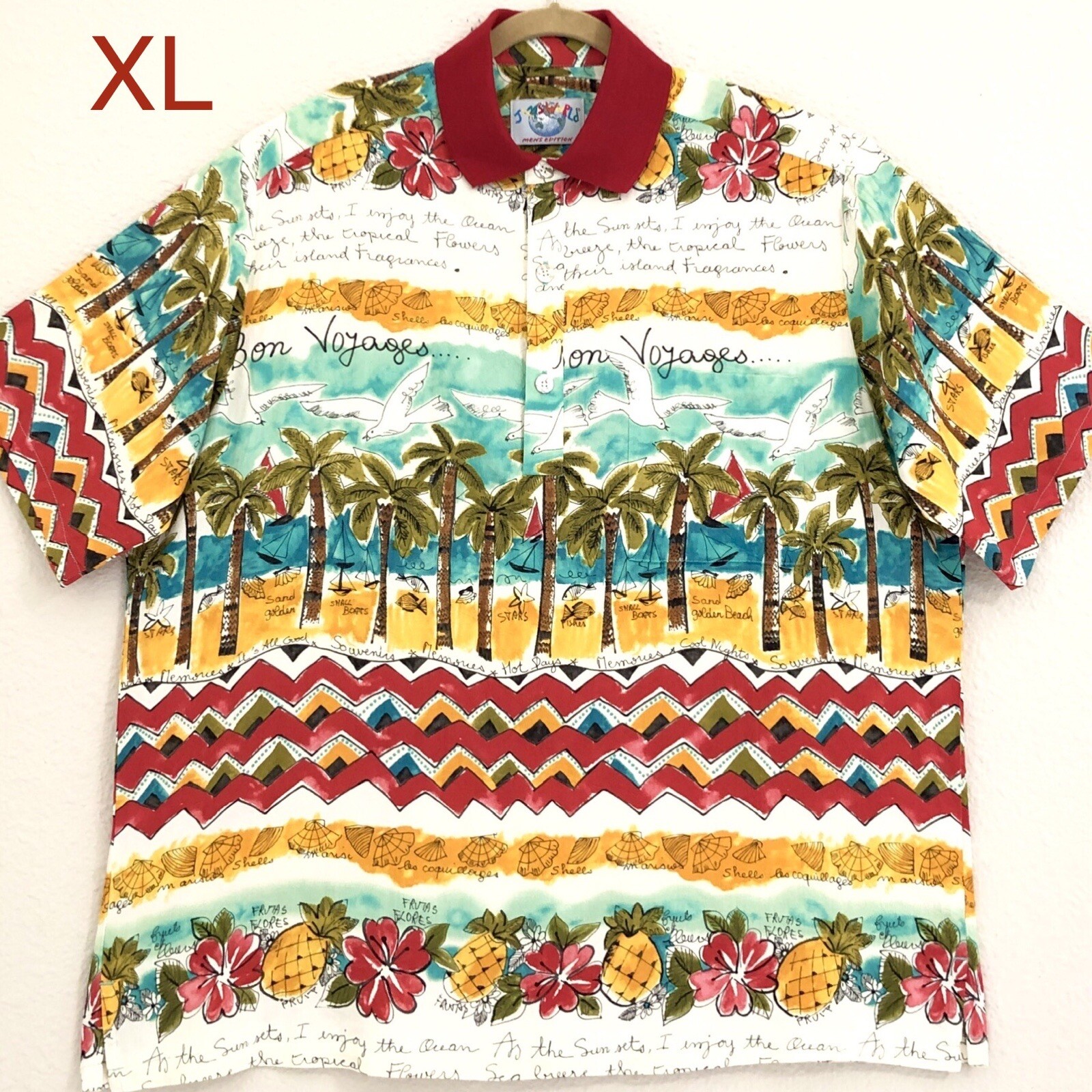 Mens Jams World Hawaiian 3 Button Placket Rayon Polo Shirt XL Multi Short Sleeve