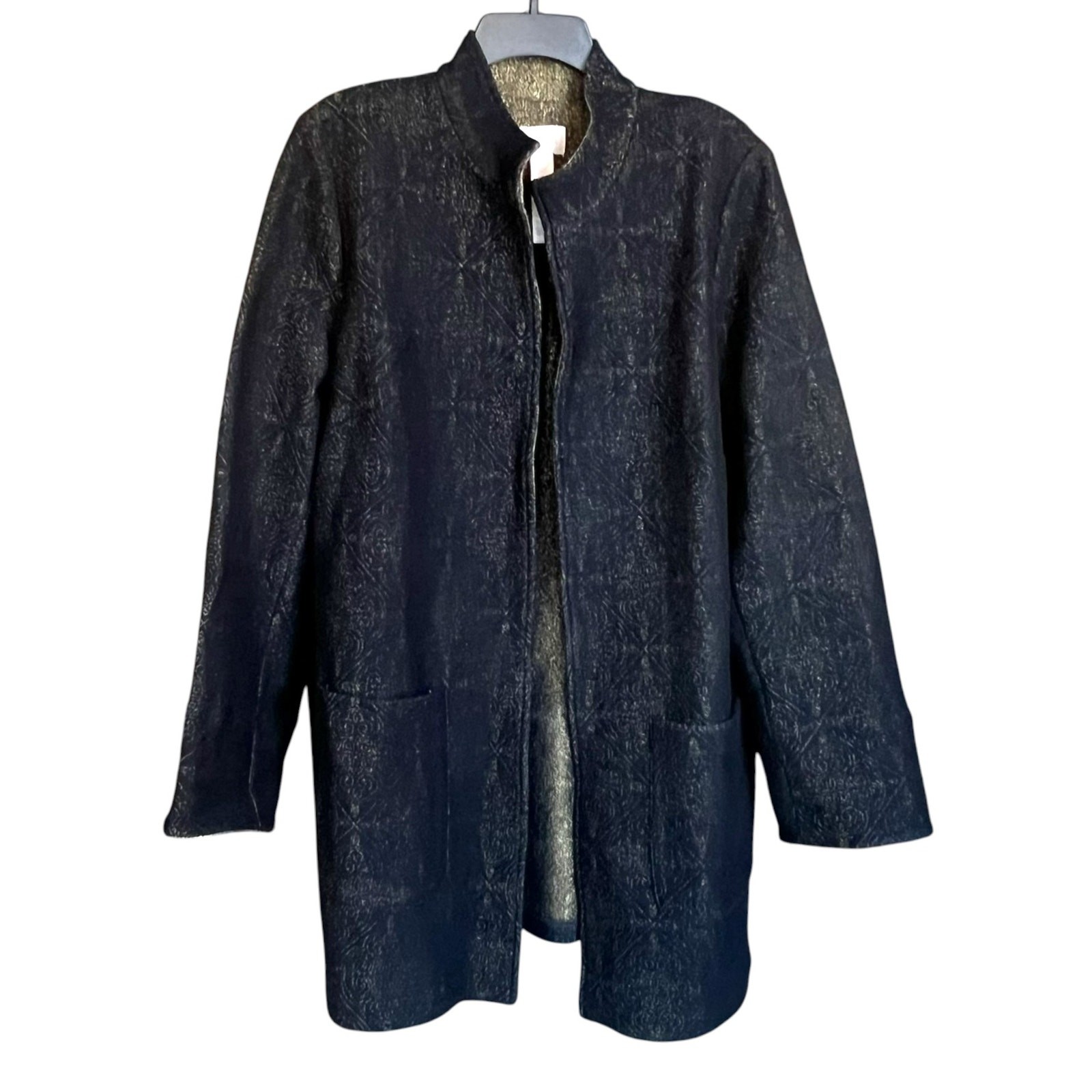 Chico’s Women’s Size 3-XL Open Front Longline Duster Jacket Black Gold Metallic