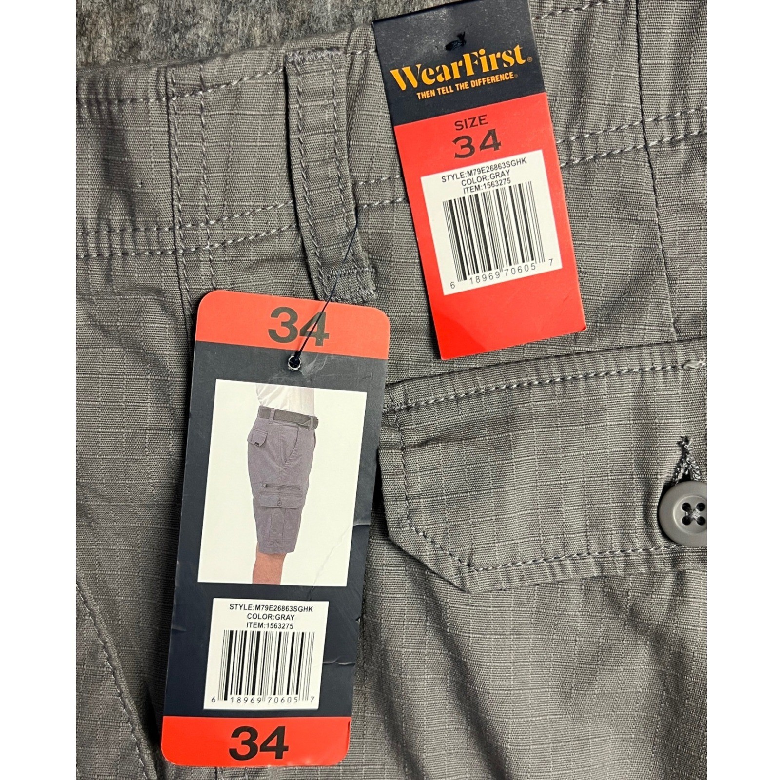 WearFirst Gray Ripstop Cargo Shorts Mens 34 Free Band Comfort Fit Utility Hiking