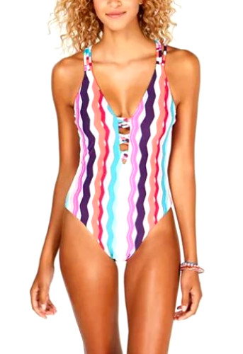 Bar III X-Small White Multi-Color Printed Waves Plunge 1-Piece Swimsuit NWOT XS