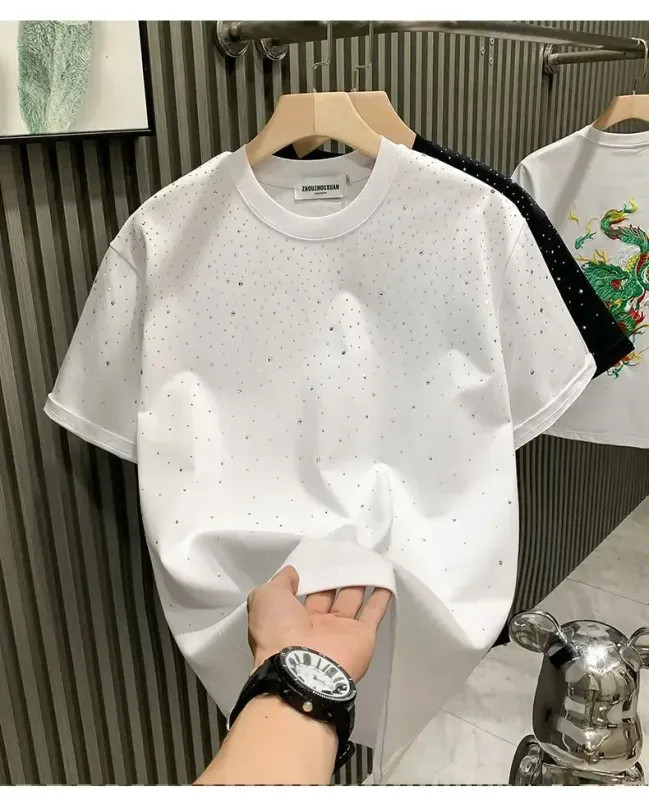 Summer Rhinestone Rivet T-shirt for Men Clothing Round Neck Casual T-shirt