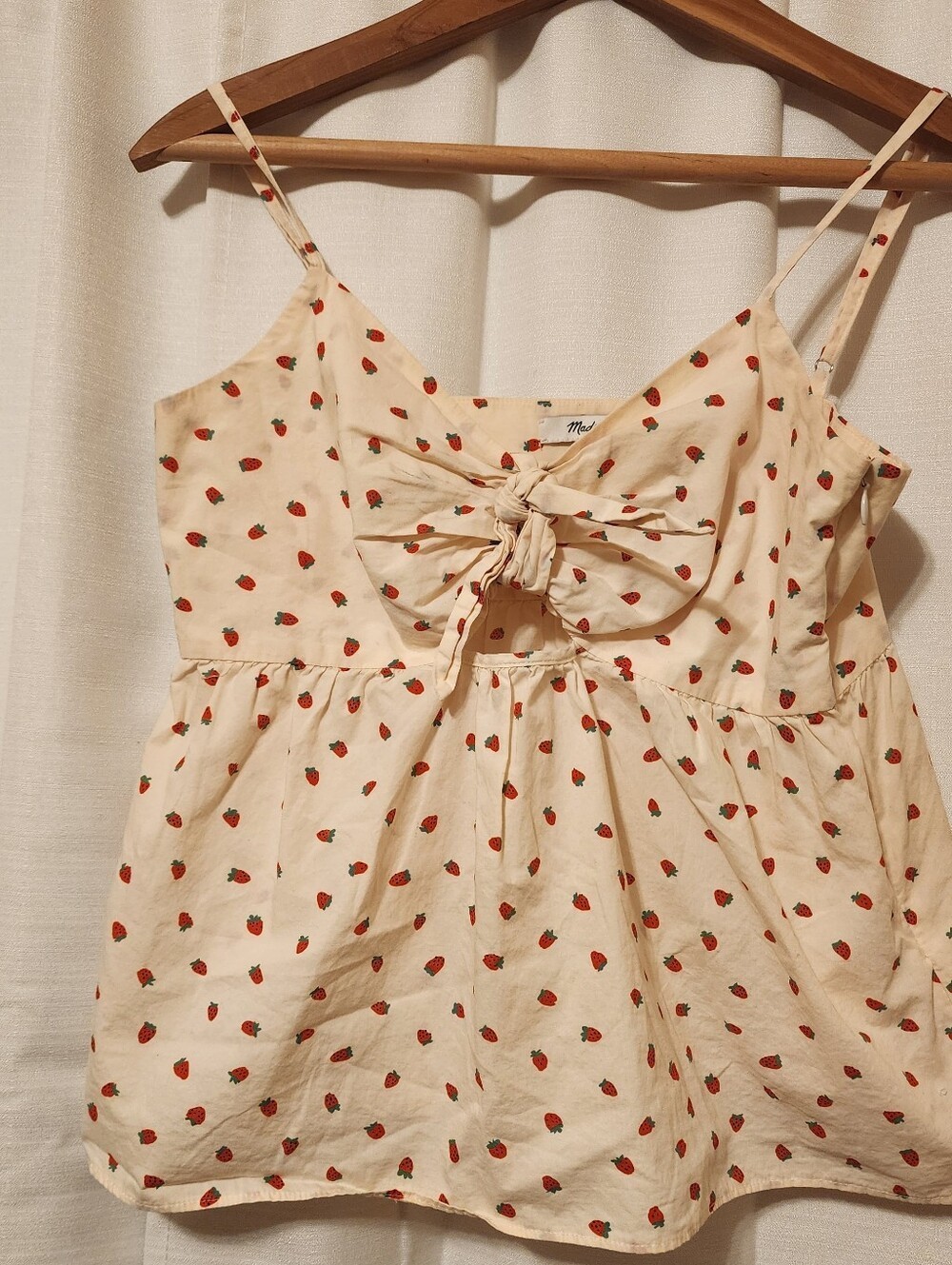 Madewell Strawberry Print Tie Front Cami Tank Top Size 4 Cream Red Cottagecore