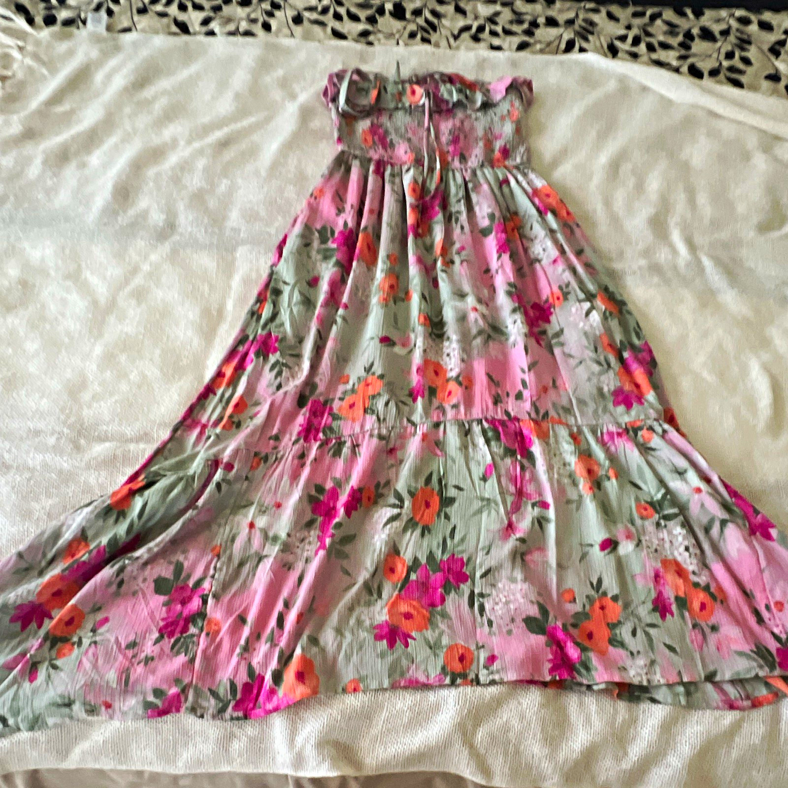 Hollister Women’s Pink Gray Orange Floral Smocked Ruffle Tie Maxi Dress M