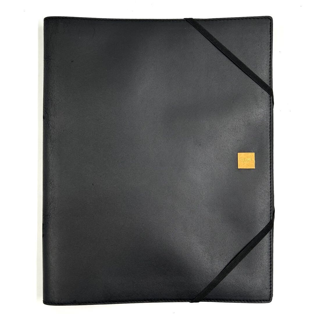 CELINE Black Leather Clutch Bag File Case Square Gold Logo Plate 675 Women’s