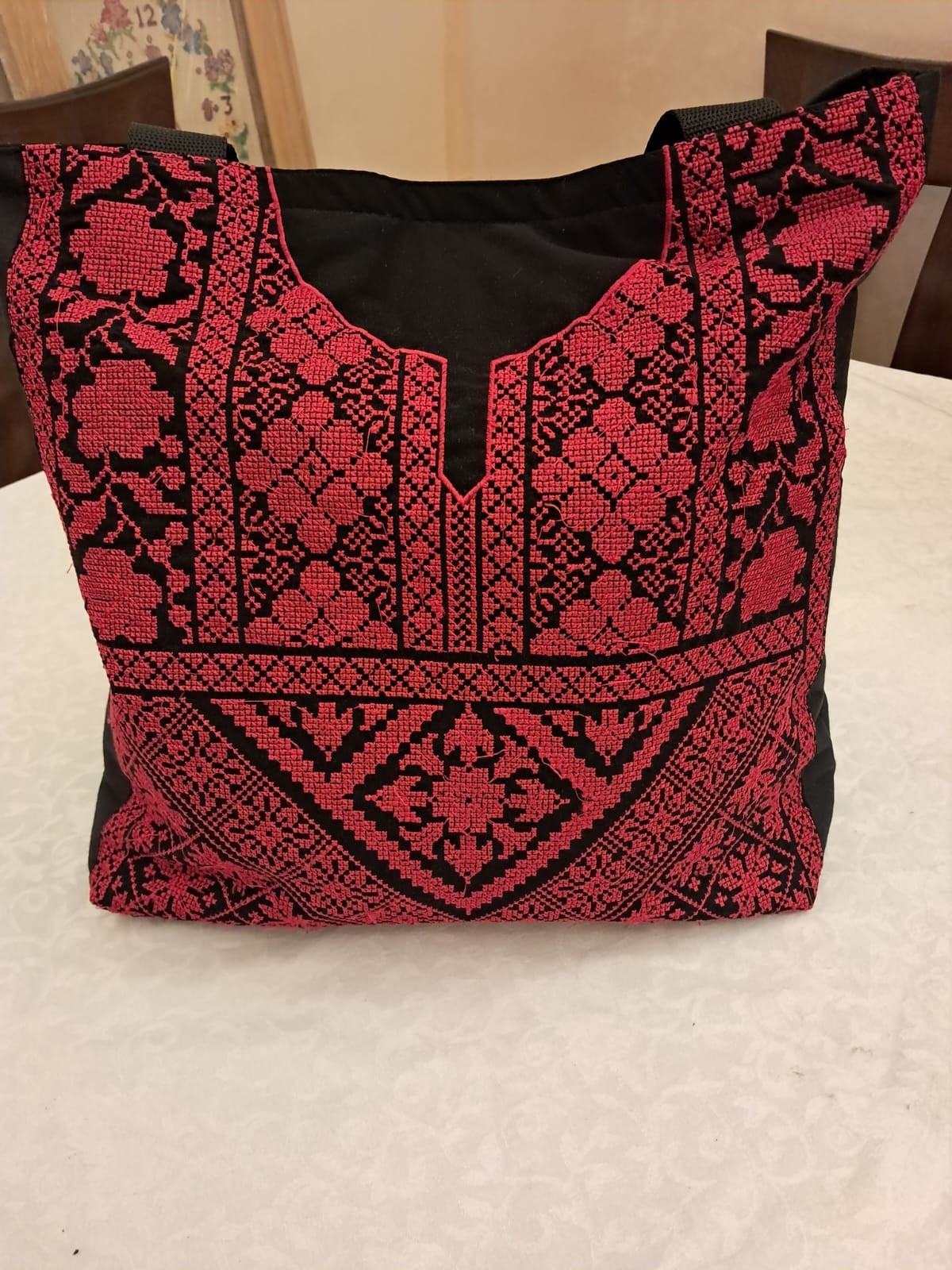 Ethnic Tatreez Embroidery Tote Bag Black Canvas Cross Stitch Shoulder Purse New